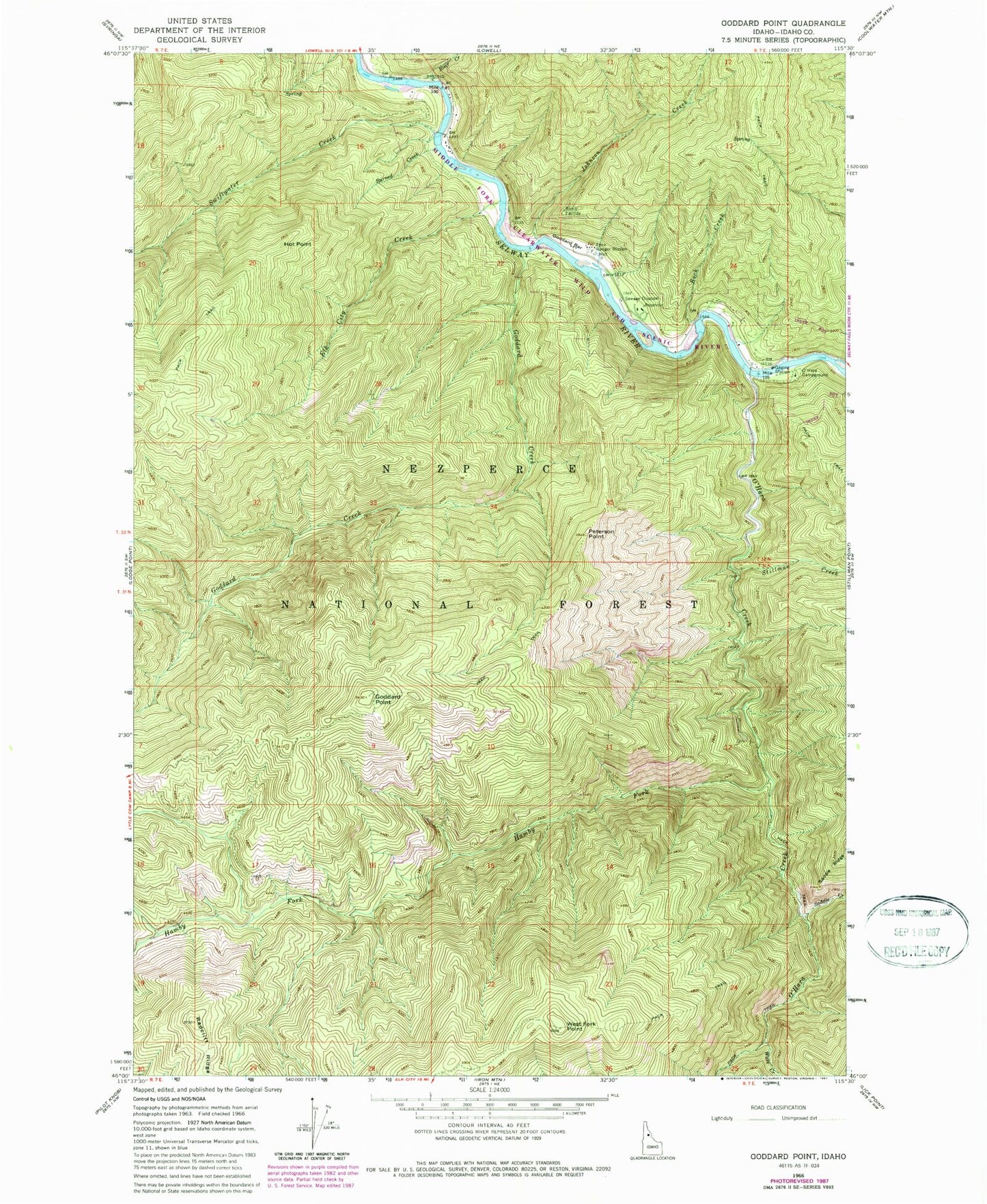 Classic USGS Goddard Point Idaho 7.5'x7.5' Topo Map Image