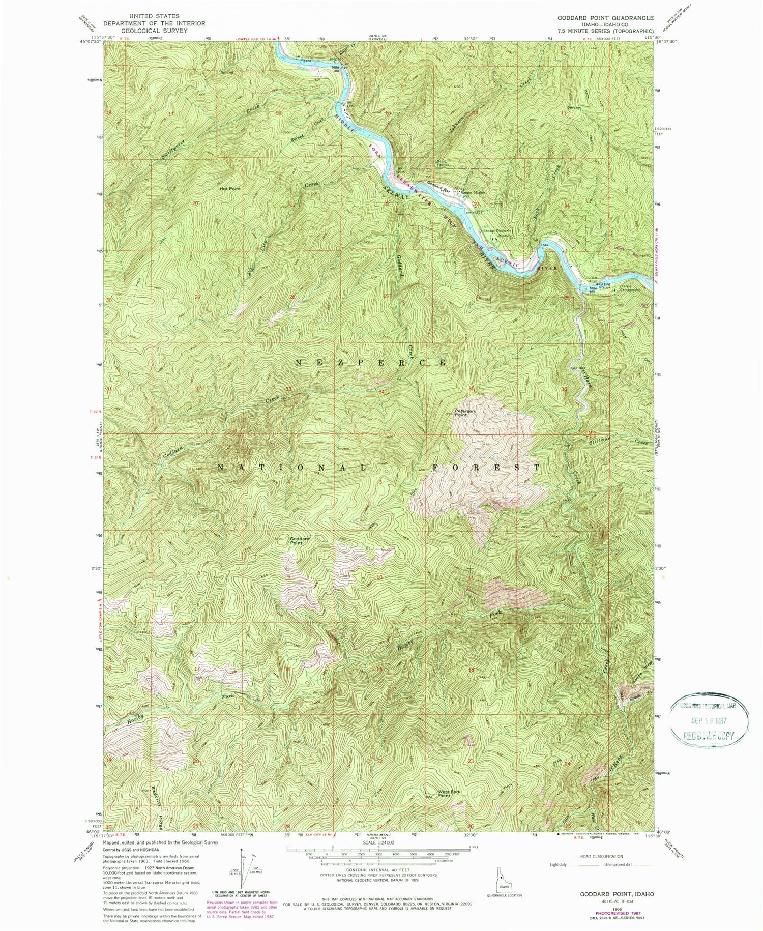 Classic USGS Goddard Point Idaho 7.5'x7.5' Topo Map Image