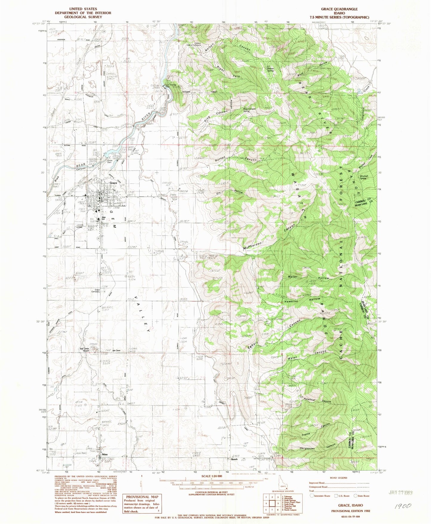 Classic USGS Grace Idaho 7.5'x7.5' Topo Map Image