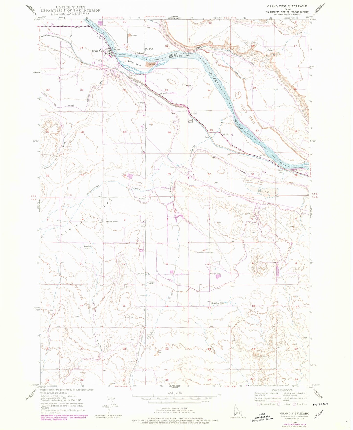 Classic USGS Grand View Idaho 7.5'x7.5' Topo Map Image