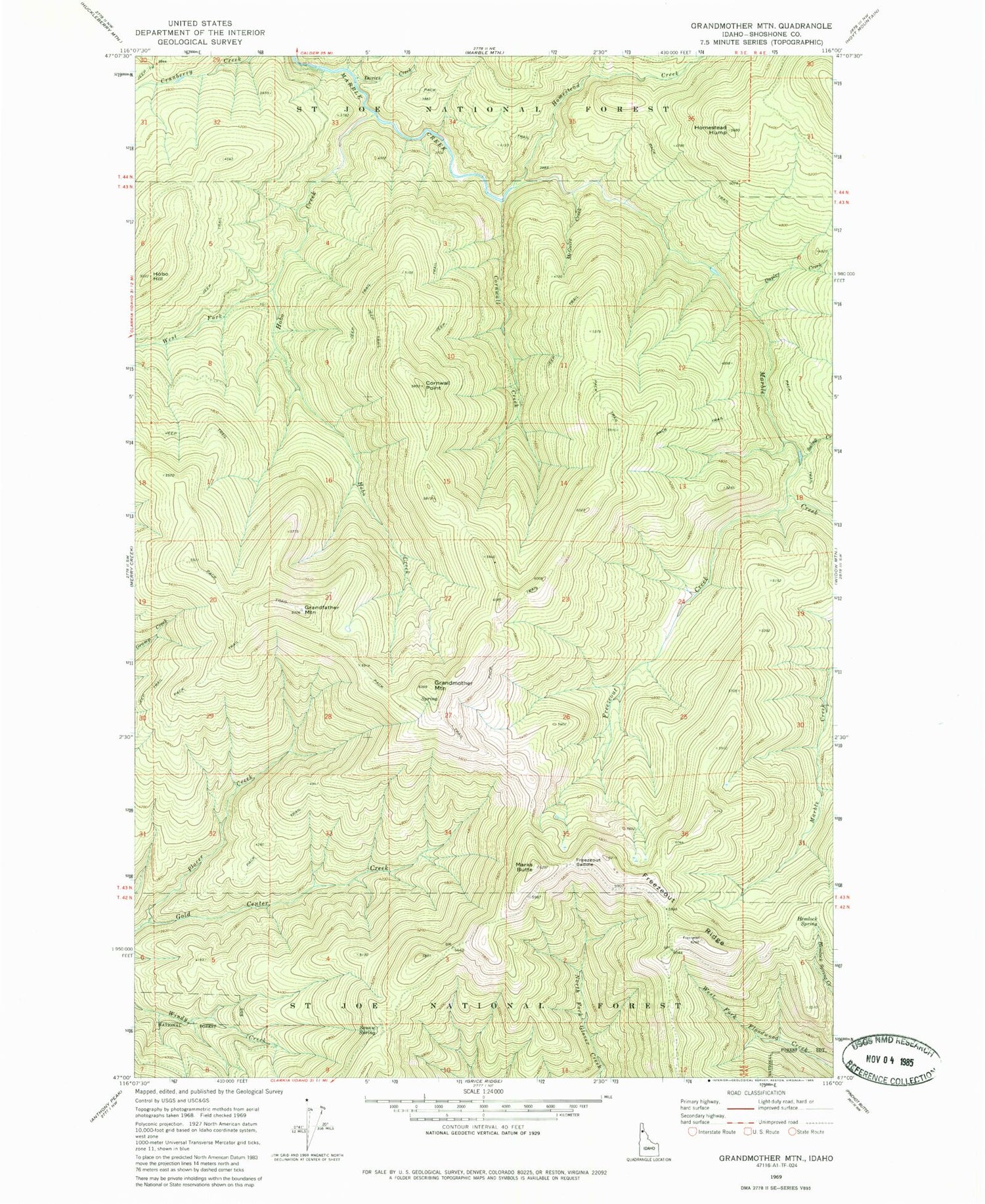 Classic USGS Grandmother Mountain Idaho 7.5'x7.5' Topo Map Image