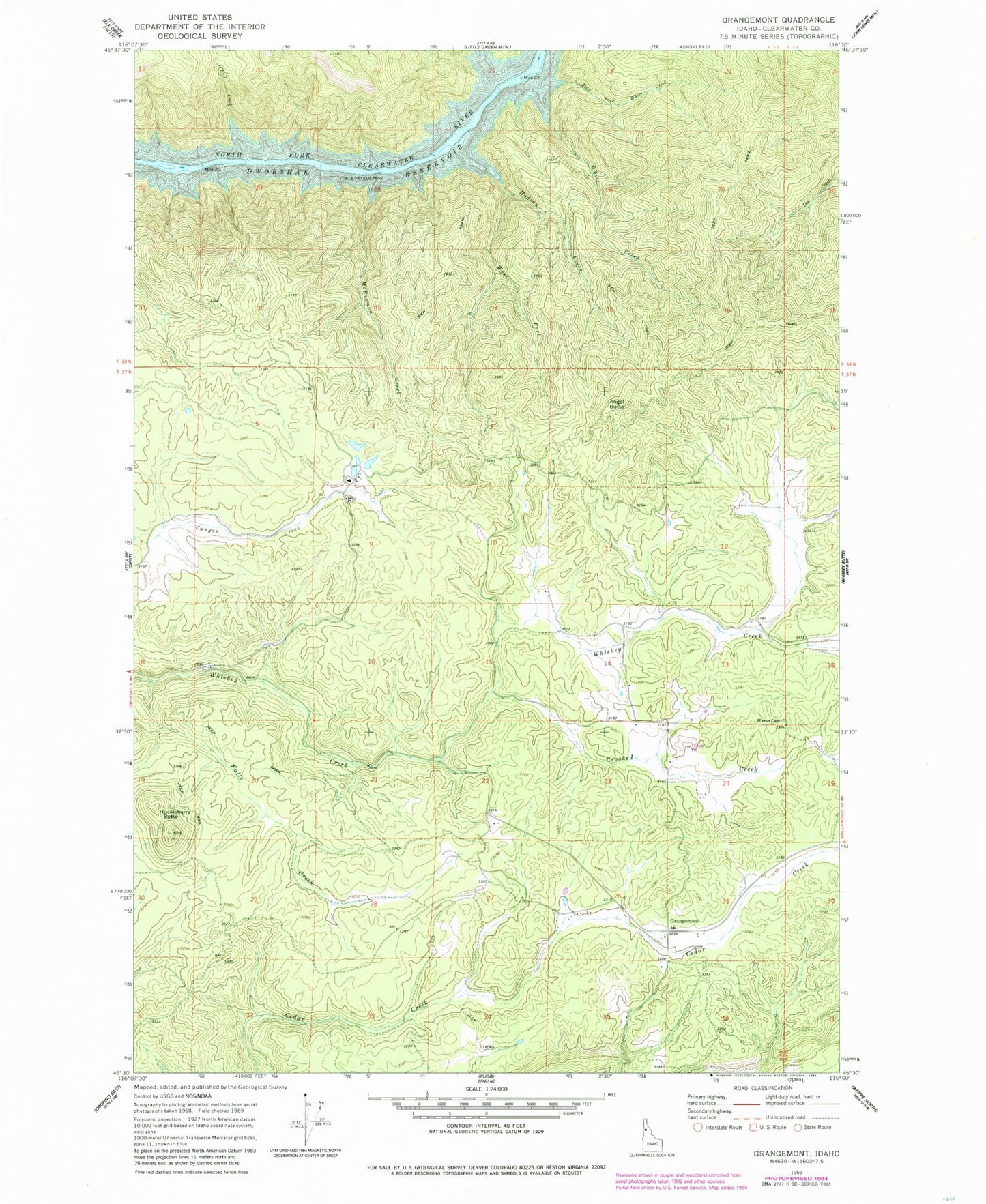 Classic USGS Grangemont Idaho 7.5'x7.5' Topo Map Image