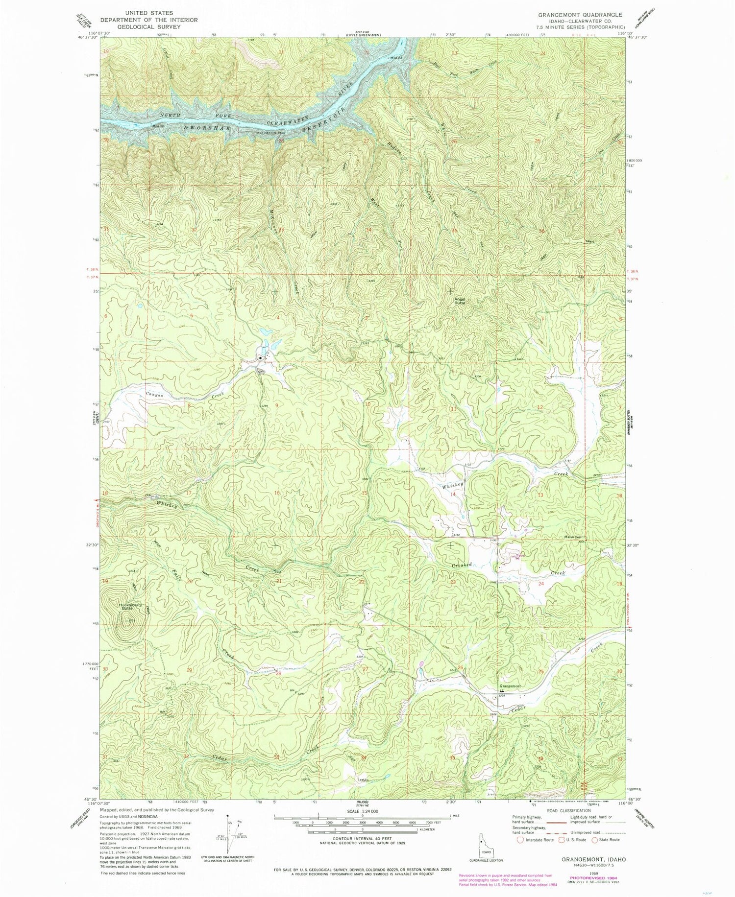 Classic USGS Grangemont Idaho 7.5'x7.5' Topo Map Image
