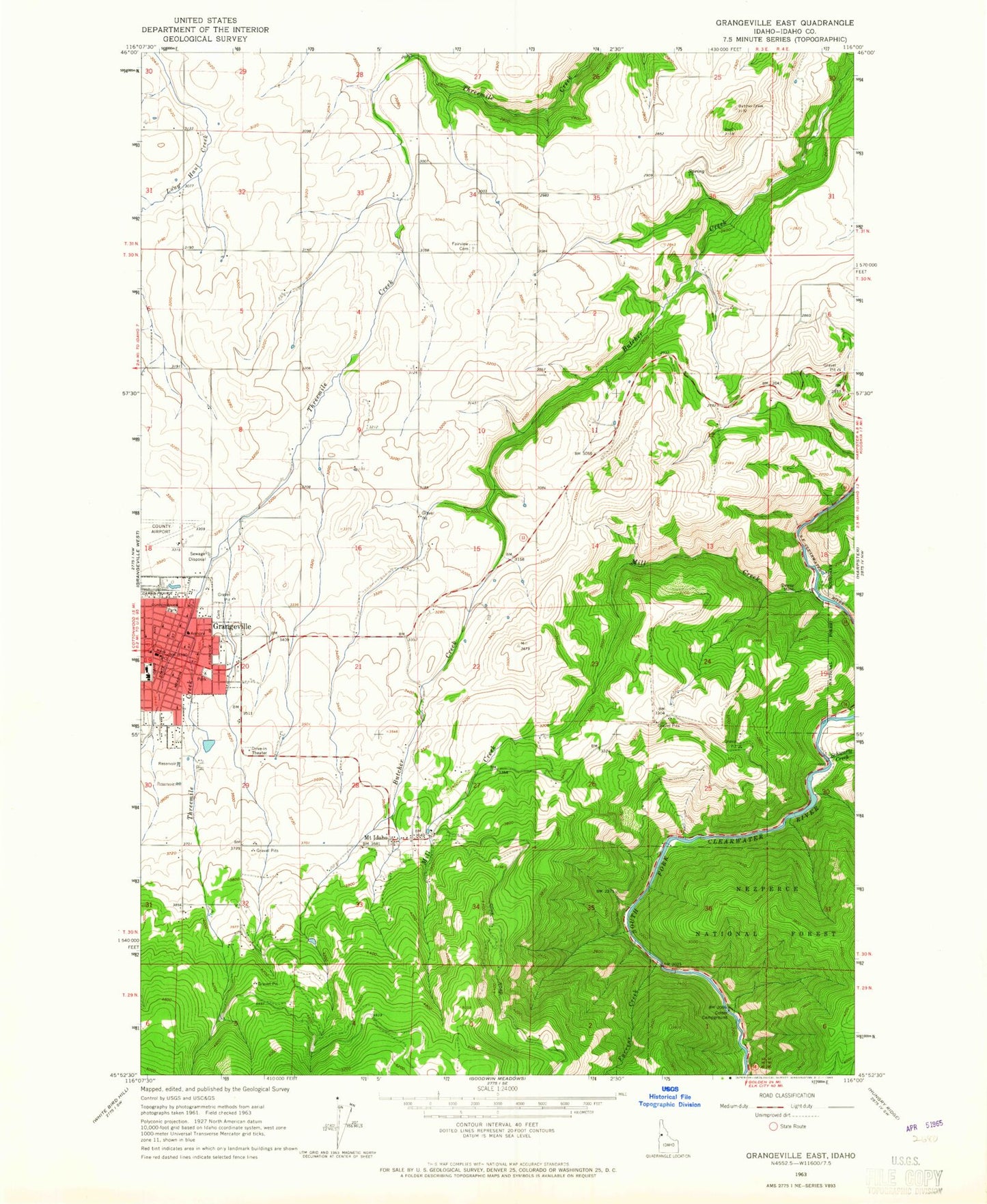 Classic USGS Grangeville East Idaho 7.5'x7.5' Topo Map Image