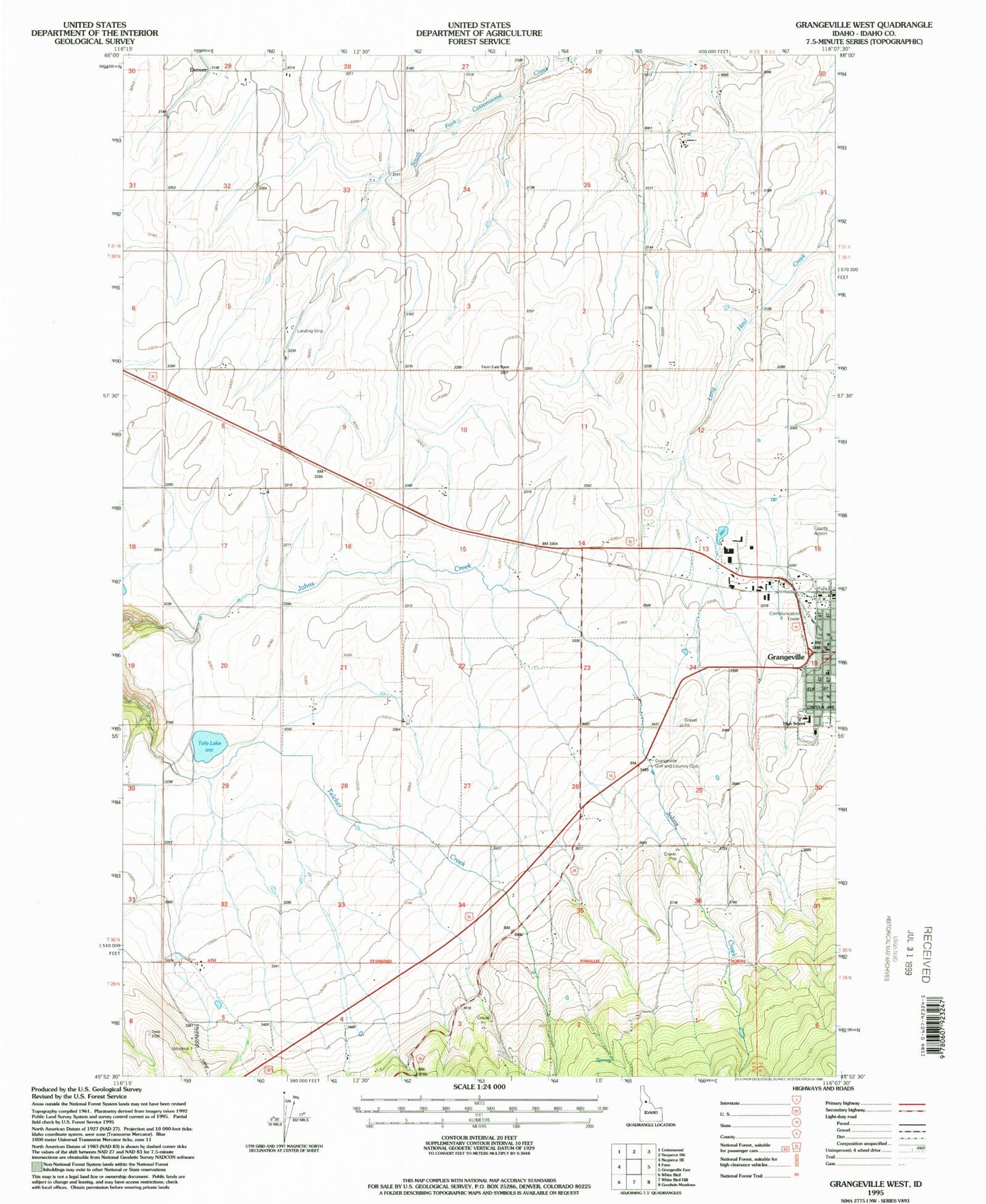 Classic USGS Grangeville West Idaho 7.5'x7.5' Topo Map Image