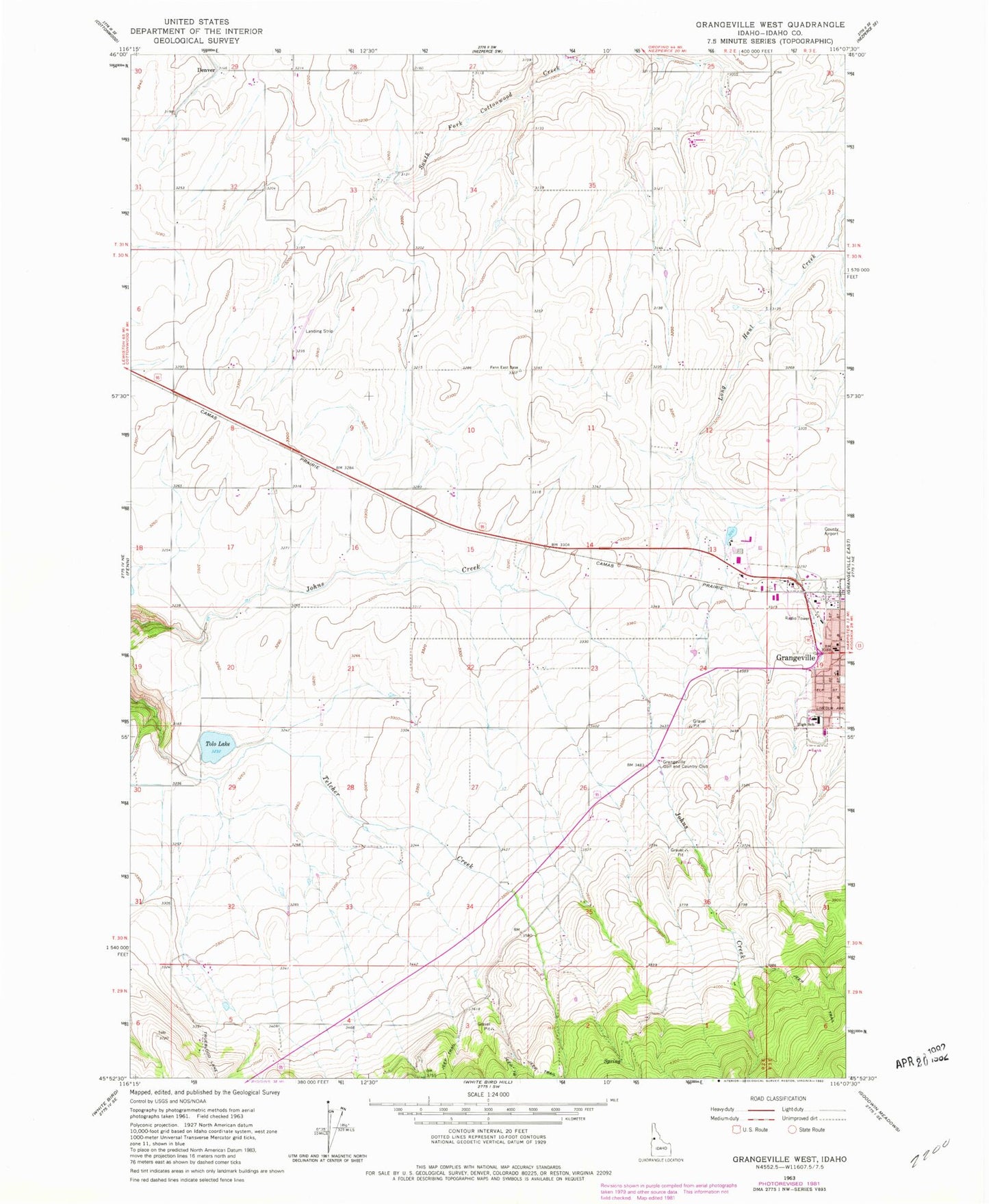 Classic USGS Grangeville West Idaho 7.5'x7.5' Topo Map Image