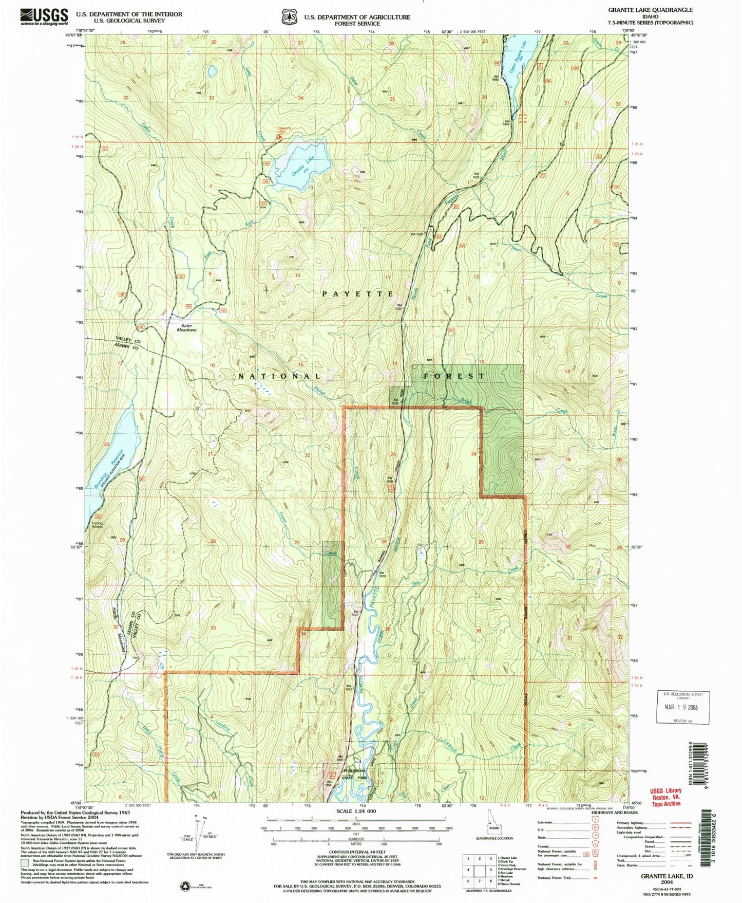 Classic USGS Granite Lake Idaho 7.5'x7.5' Topo Map Image