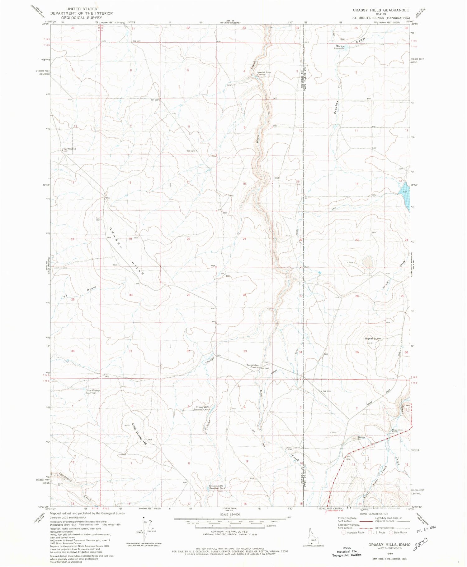 Classic USGS Grassy Hills Idaho 7.5'x7.5' Topo Map Image