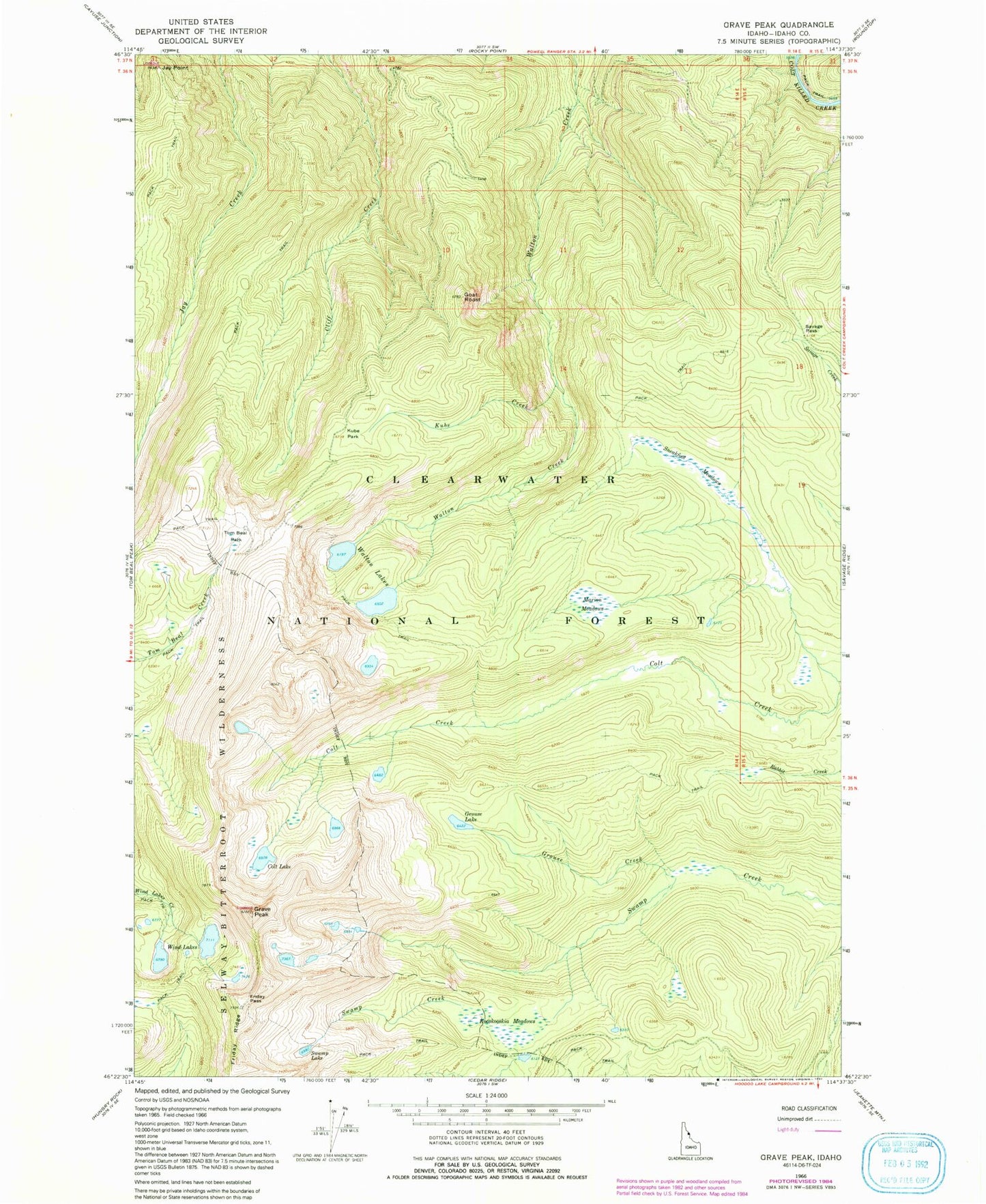 Classic USGS Grave Peak Idaho 7.5'x7.5' Topo Map Image