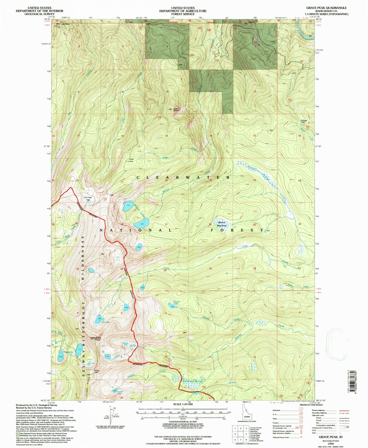 Classic USGS Grave Peak Idaho 7.5'x7.5' Topo Map Image