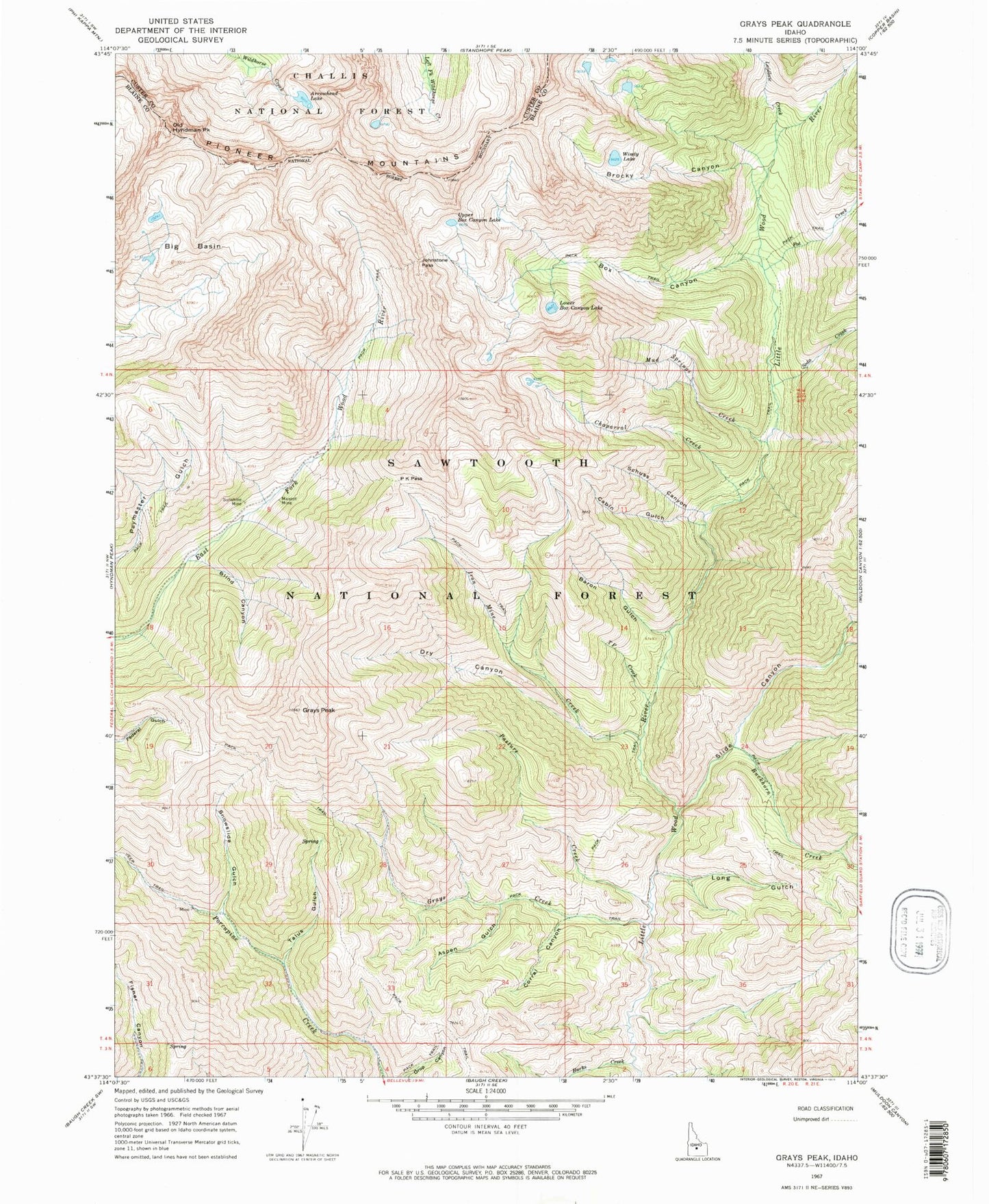 Classic USGS Grays Peak Idaho 7.5'x7.5' Topo Map Image