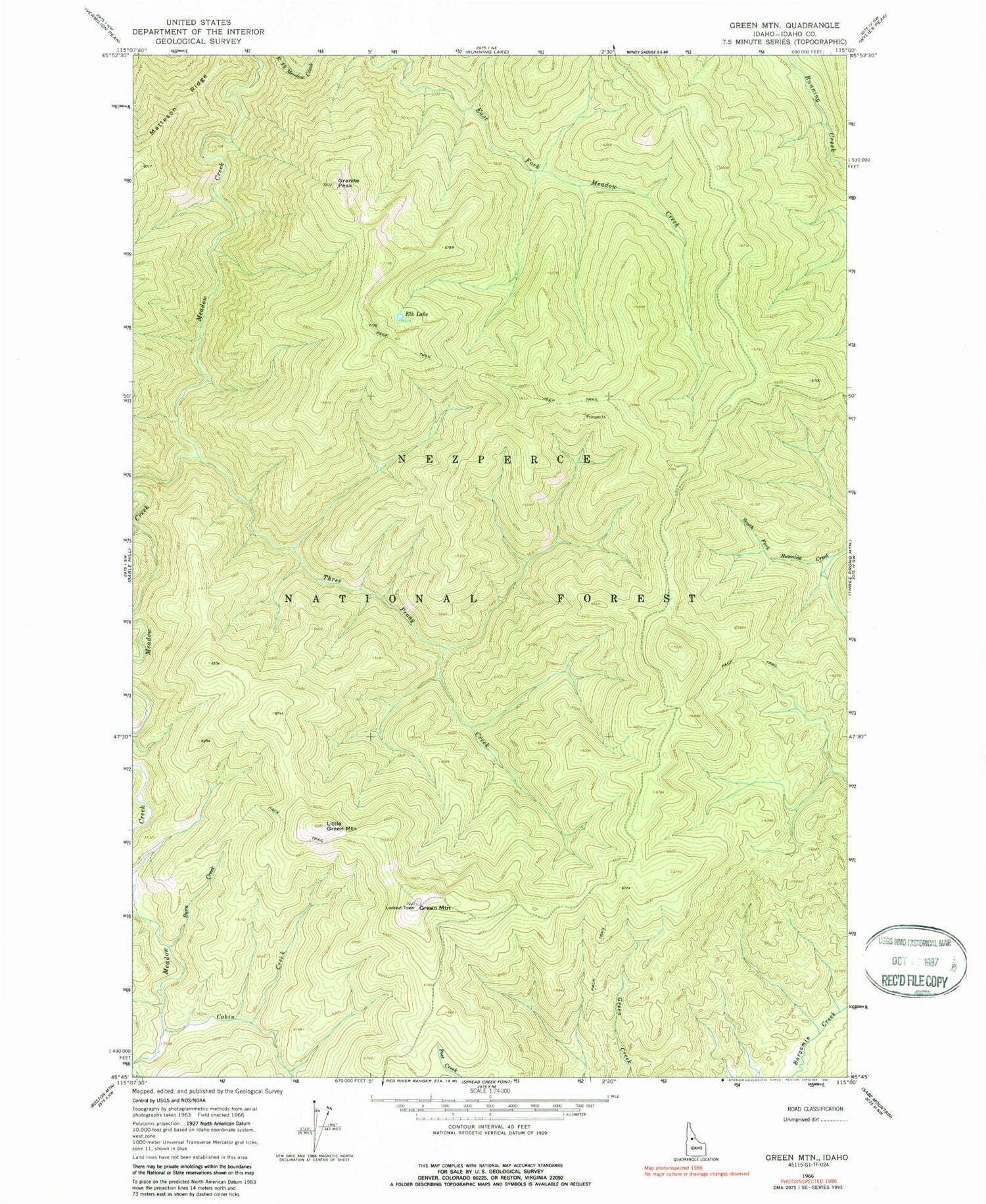 Classic USGS Green Mountain Idaho 7.5'x7.5' Topo Map Image