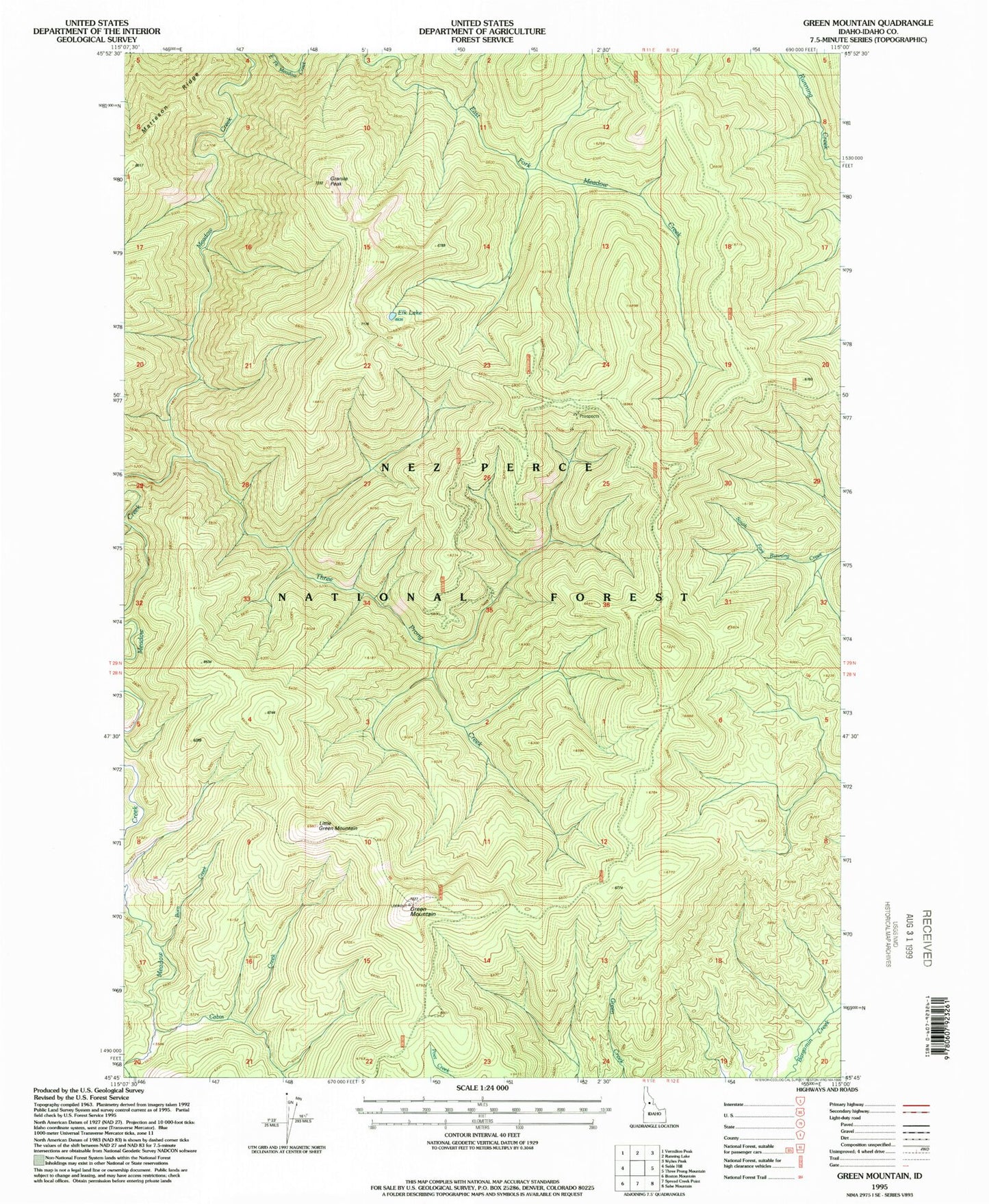 Classic USGS Green Mountain Idaho 7.5'x7.5' Topo Map Image