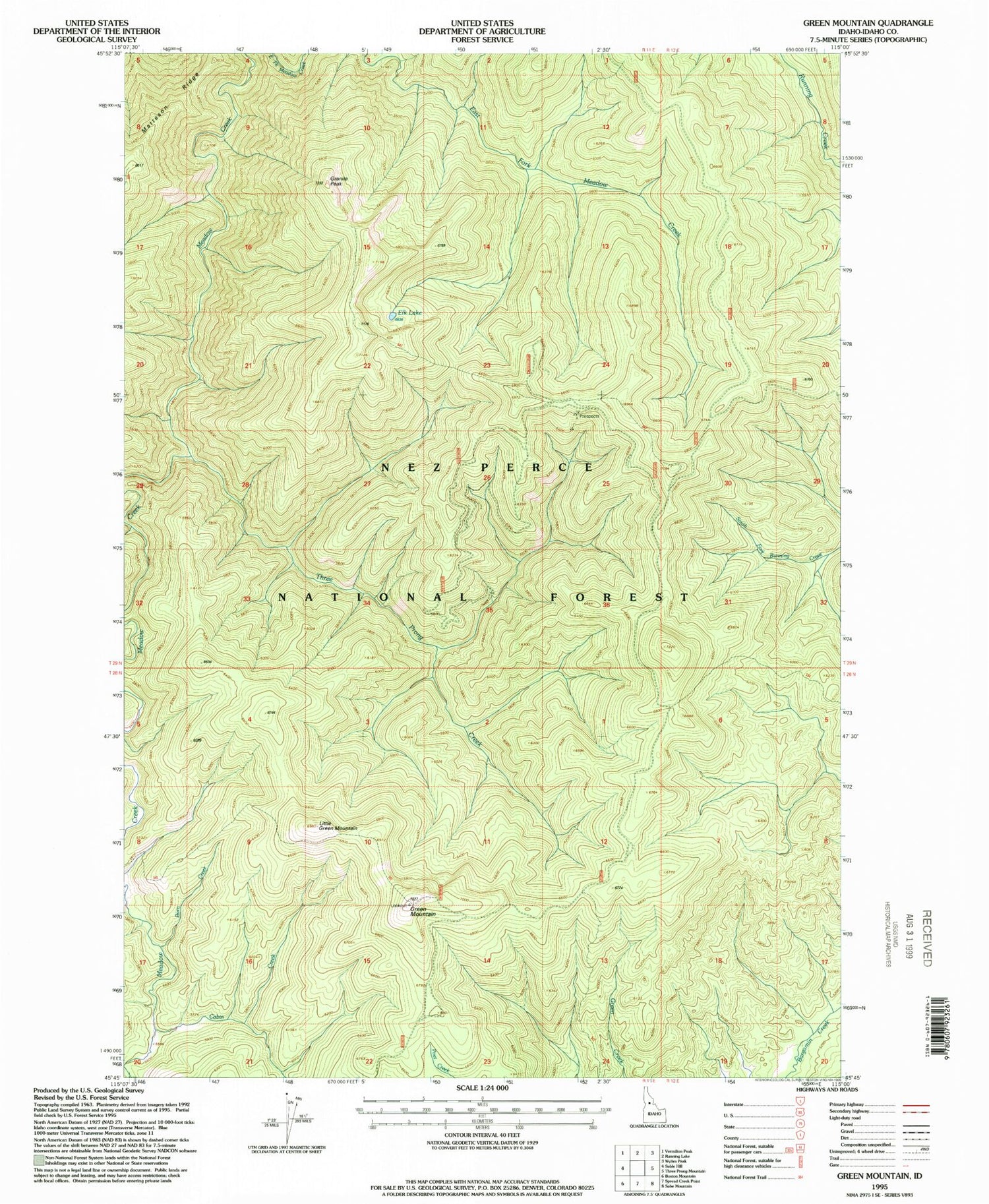 Classic USGS Green Mountain Idaho 7.5'x7.5' Topo Map Image
