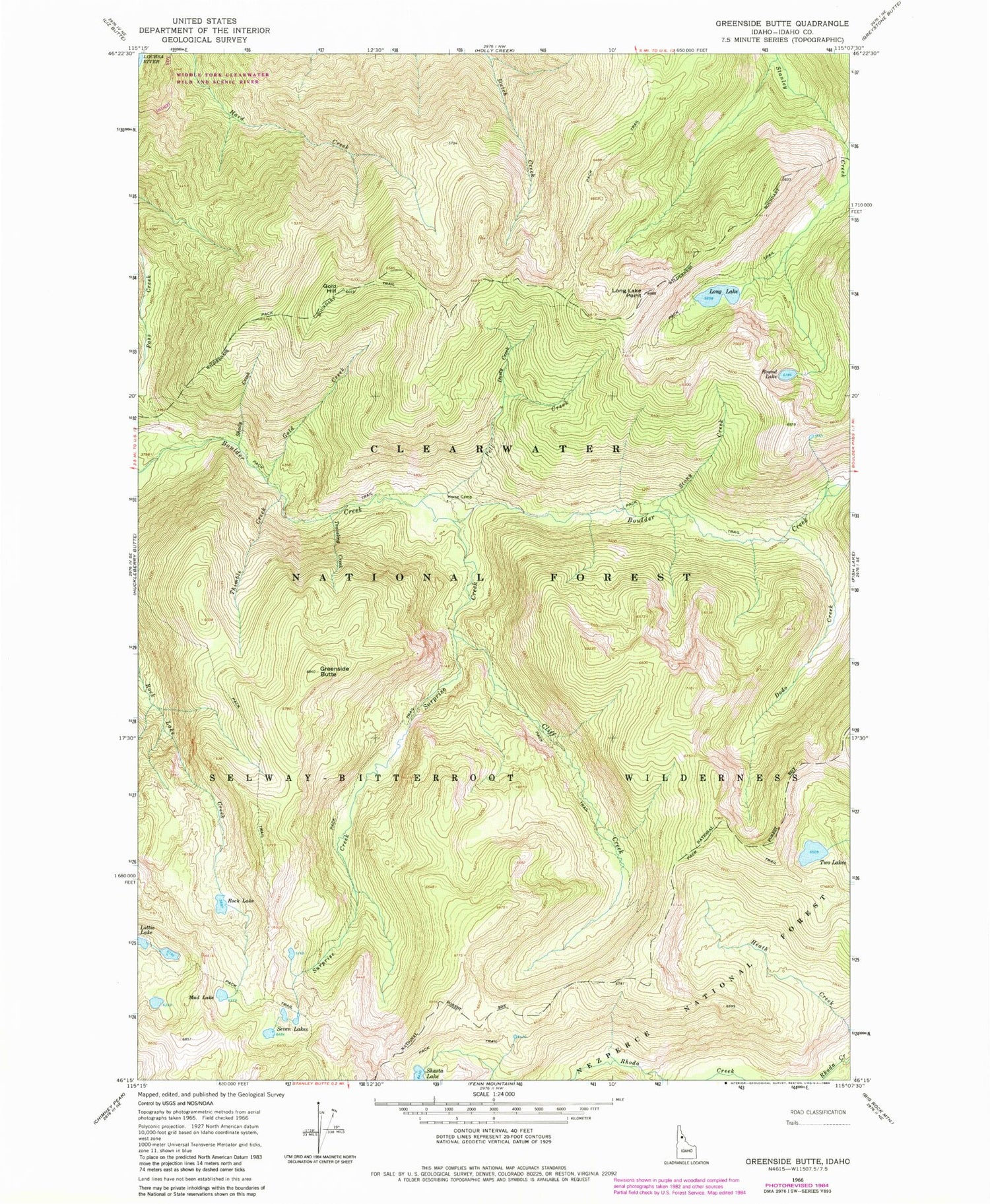 Classic USGS Greenside Butte Idaho 7.5'x7.5' Topo Map Image