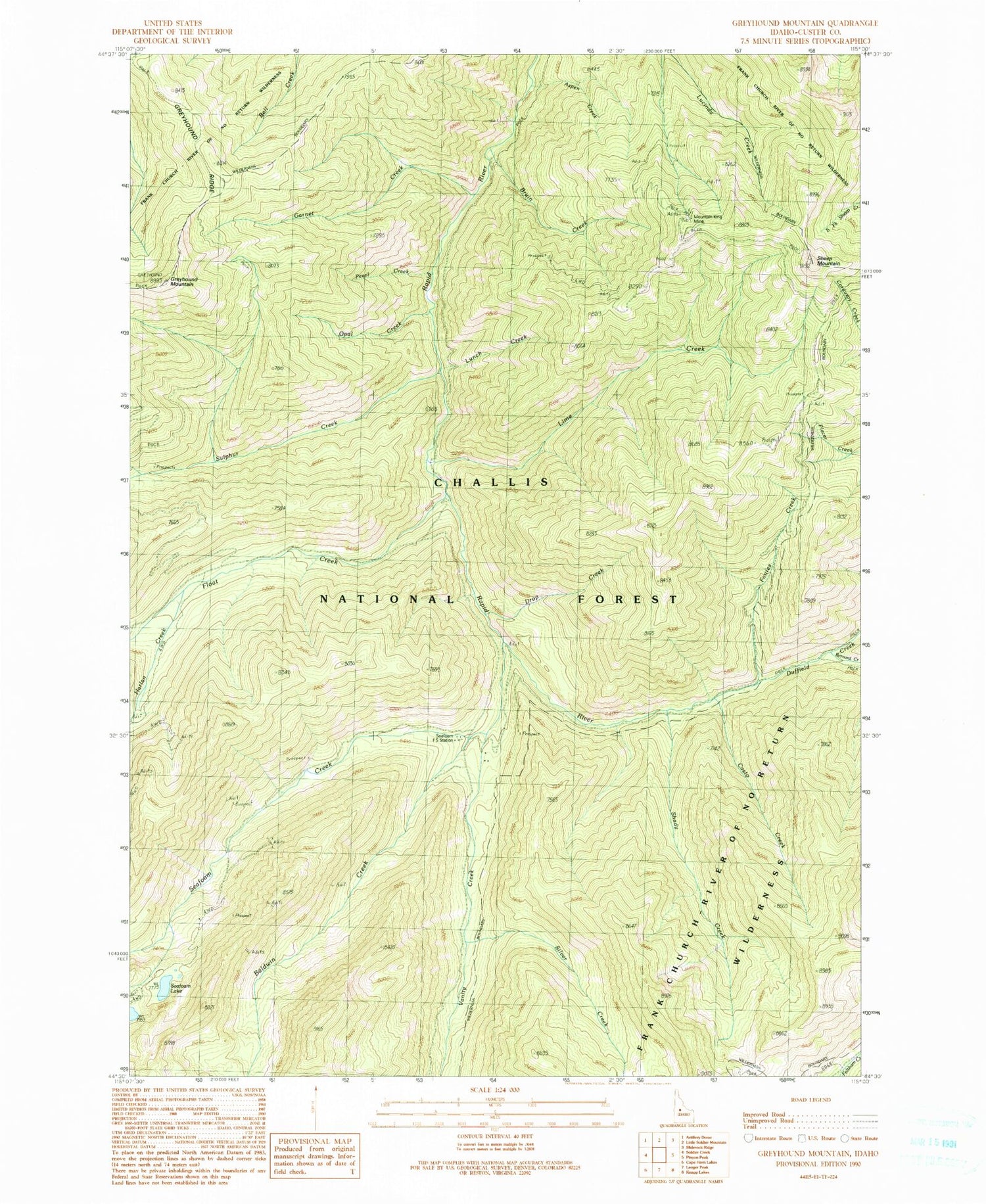 Classic USGS Greyhound Mountain Idaho 7.5'x7.5' Topo Map Image