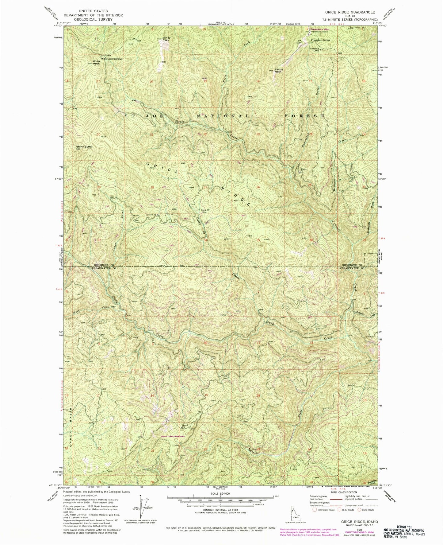 Classic USGS Grice Ridge Idaho 7.5'x7.5' Topo Map Image