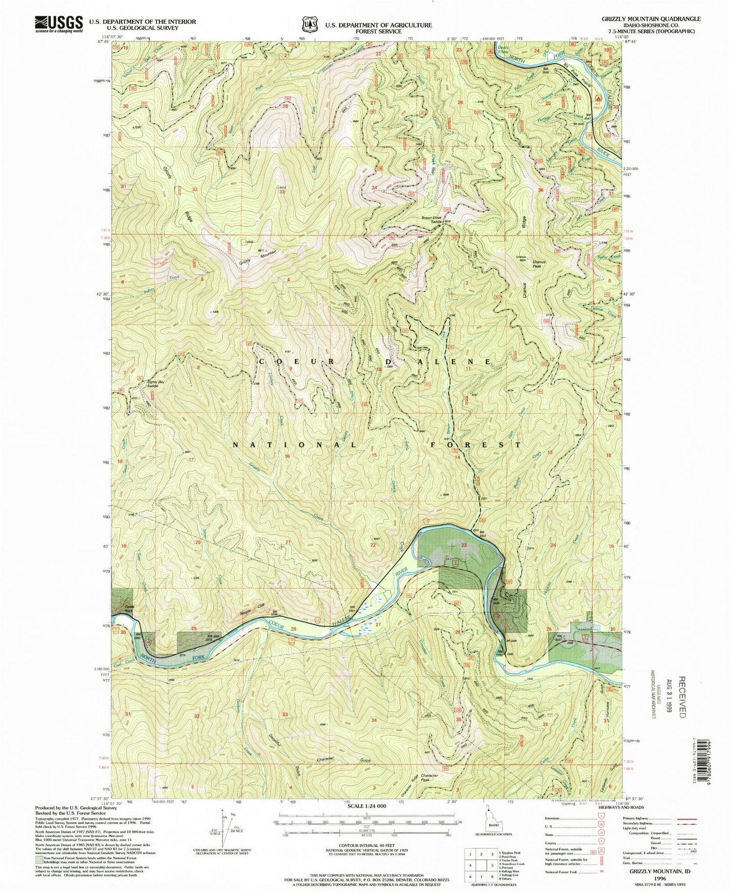 Classic USGS Grizzly Mountain Idaho 7.5'x7.5' Topo Map Image
