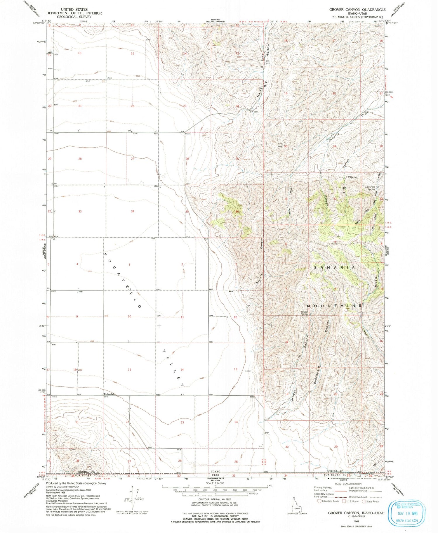Classic USGS Grover Canyon Idaho 7.5'x7.5' Topo Map Image