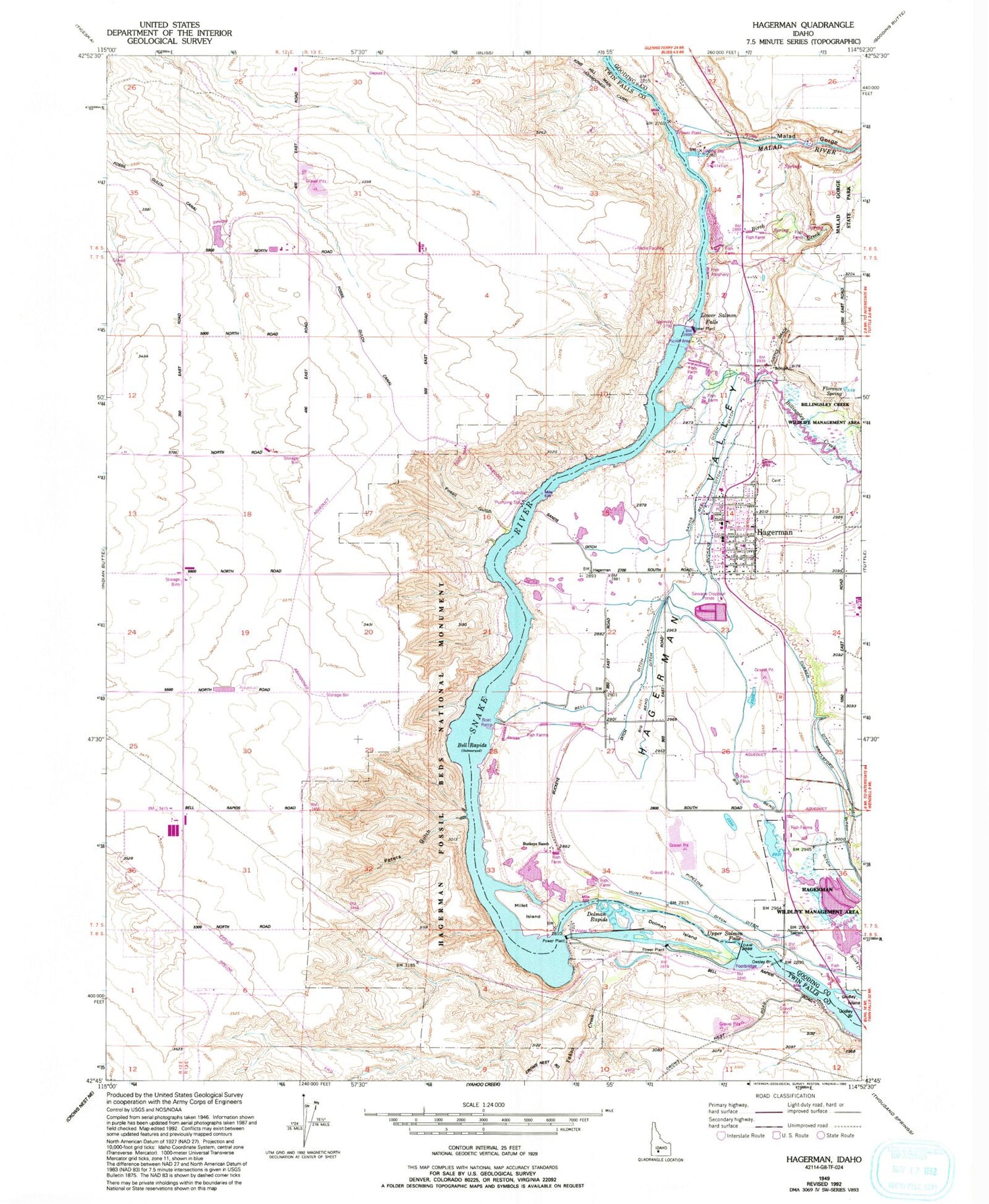 Classic USGS Hagerman Idaho 7.5'x7.5' Topo Map Image
