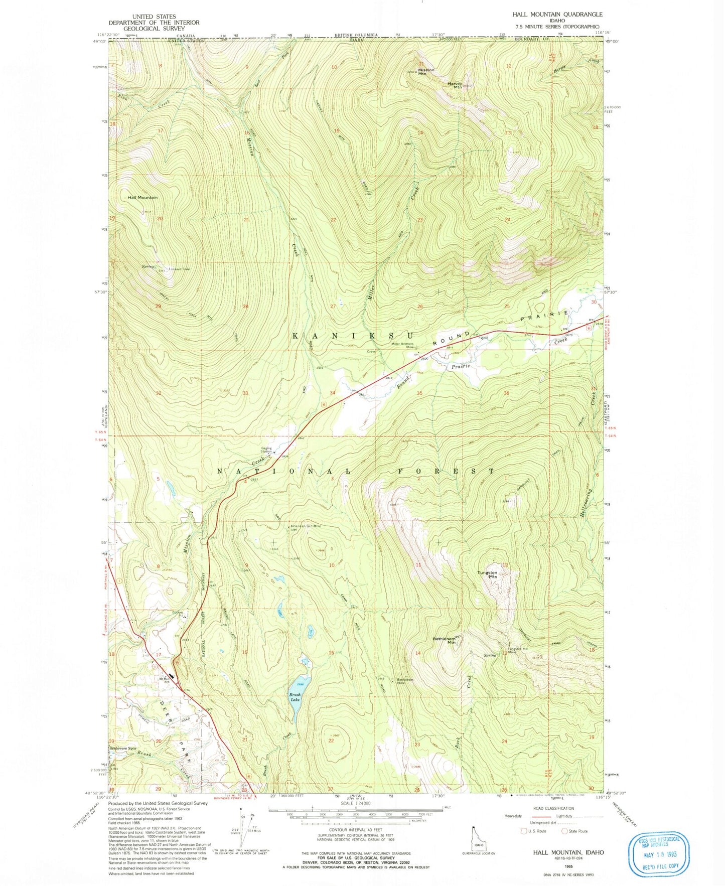 Classic USGS Hall Mountain Idaho 7.5'x7.5' Topo Map Image