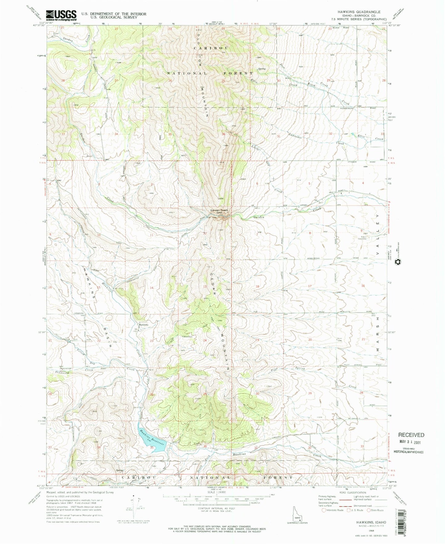 Classic USGS Hawkins Idaho 7.5'x7.5' Topo Map Image