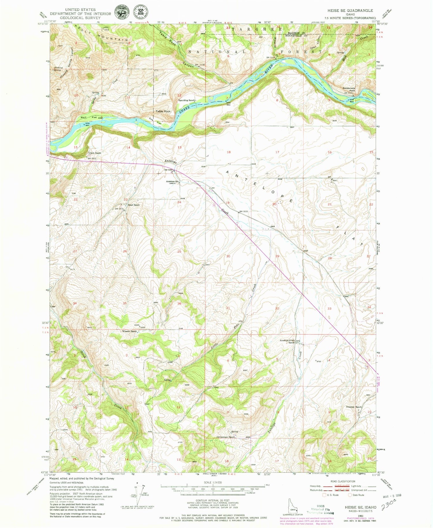 Classic USGS Heise SE Idaho 7.5'x7.5' Topo Map Image