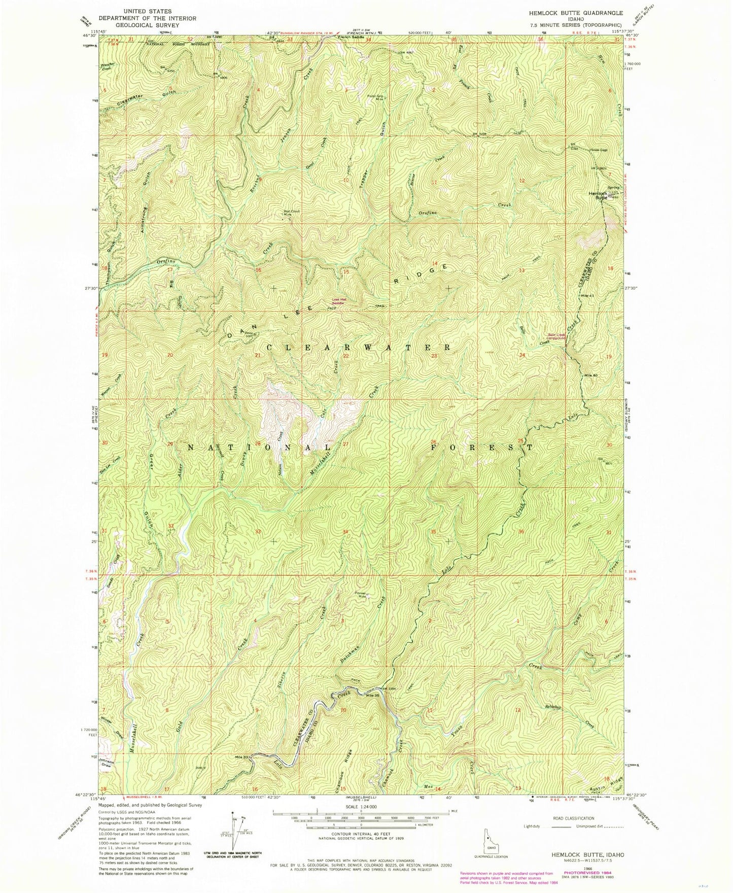 Classic USGS Hemlock Butte Idaho 7.5'x7.5' Topo Map Image