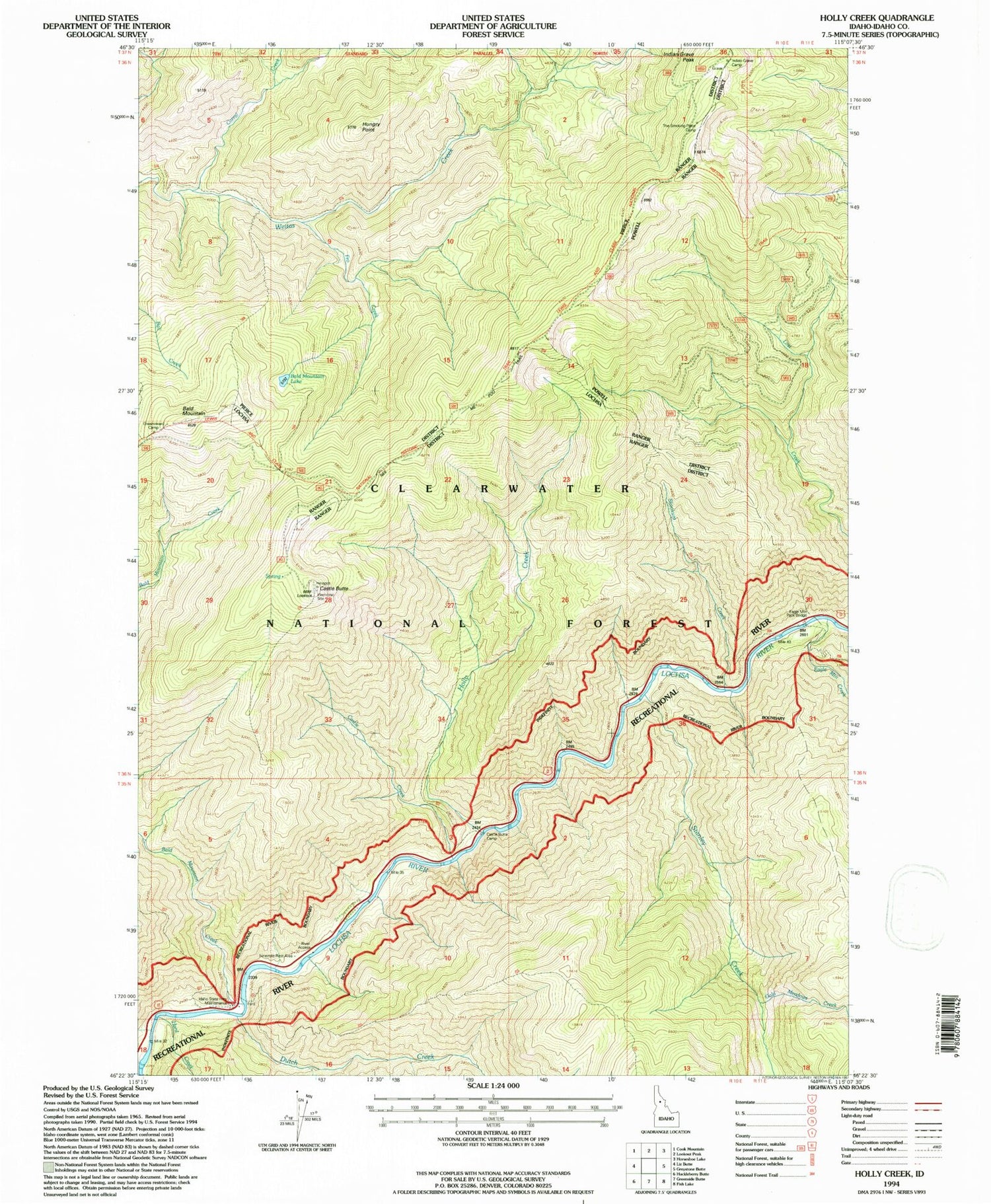 Classic USGS Holly Creek Idaho 7.5'x7.5' Topo Map Image