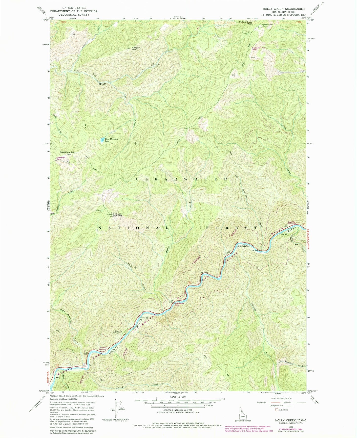 Classic USGS Holly Creek Idaho 7.5'x7.5' Topo Map Image