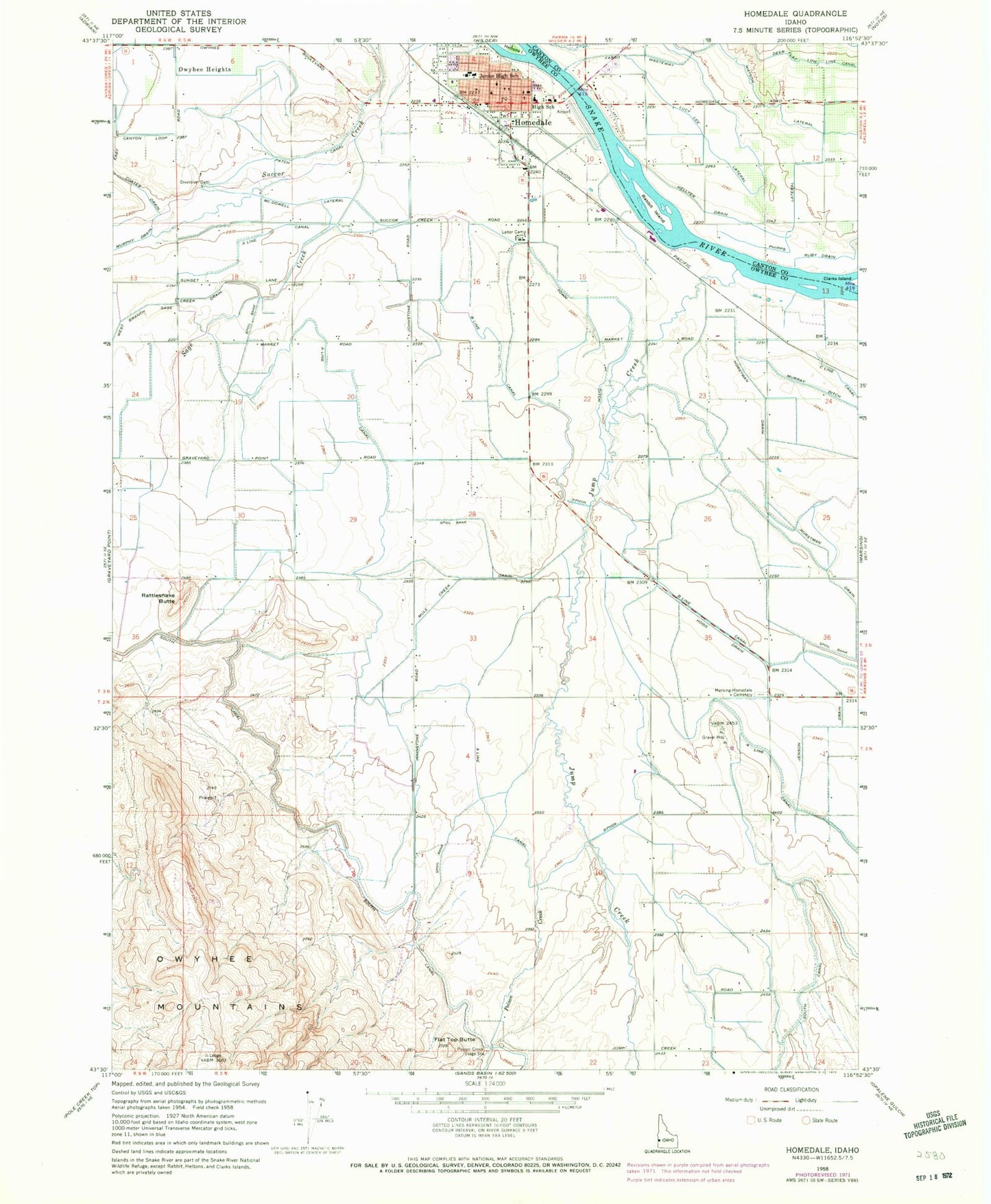 Classic USGS Homedale Idaho 7.5'x7.5' Topo Map Image