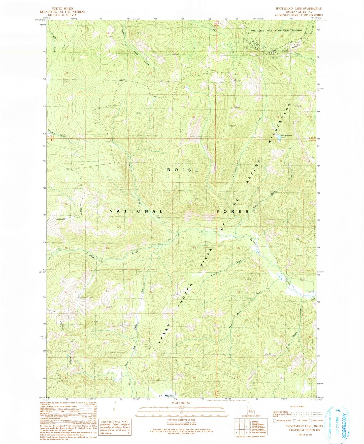 Classic USGS Honeymoon Lake Idaho 7.5'x7.5' Topo Map Image
