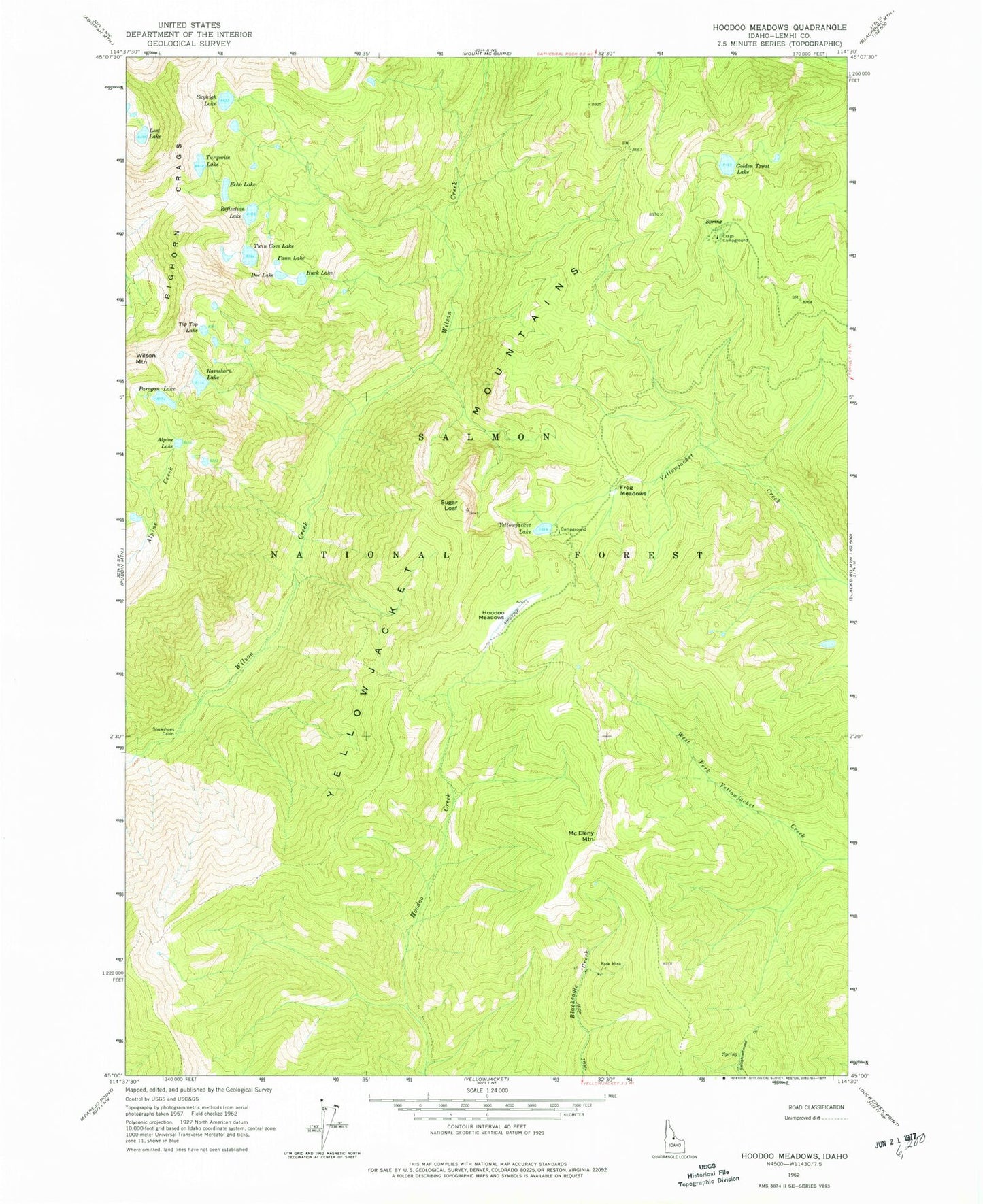 Classic USGS Hoodoo Meadows Idaho 7.5'x7.5' Topo Map Image