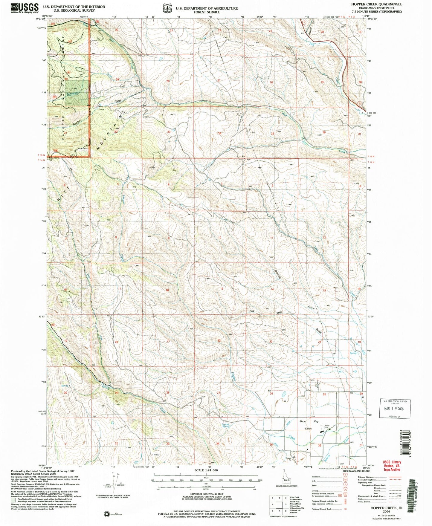 Classic USGS Hopper Creek Idaho 7.5'x7.5' Topo Map Image