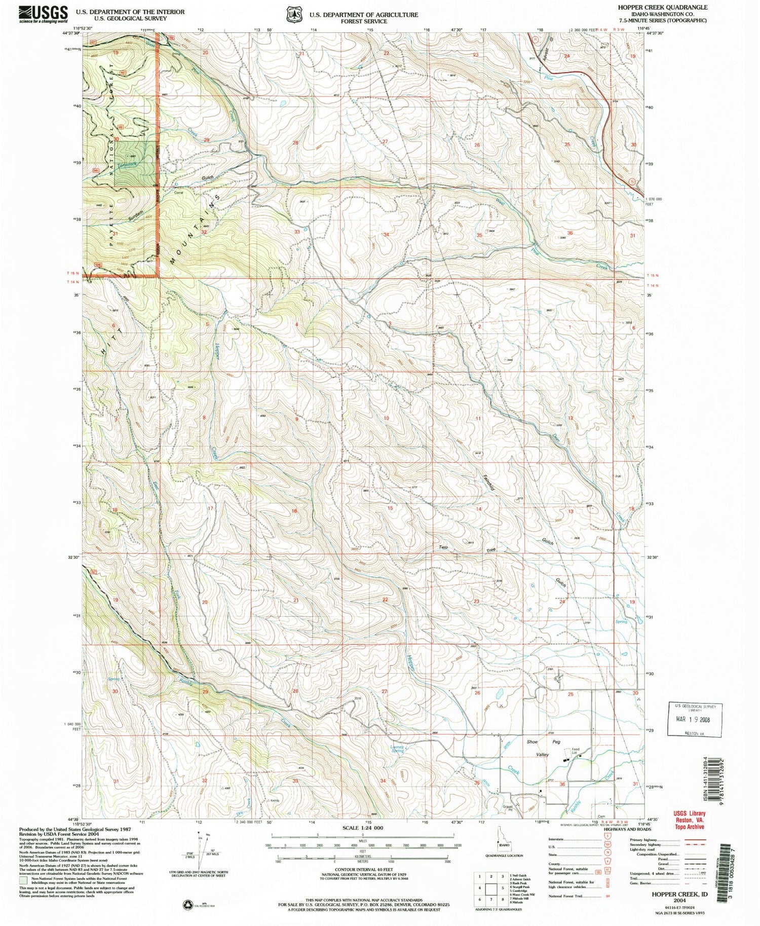 Classic USGS Hopper Creek Idaho 7.5'x7.5' Topo Map Image