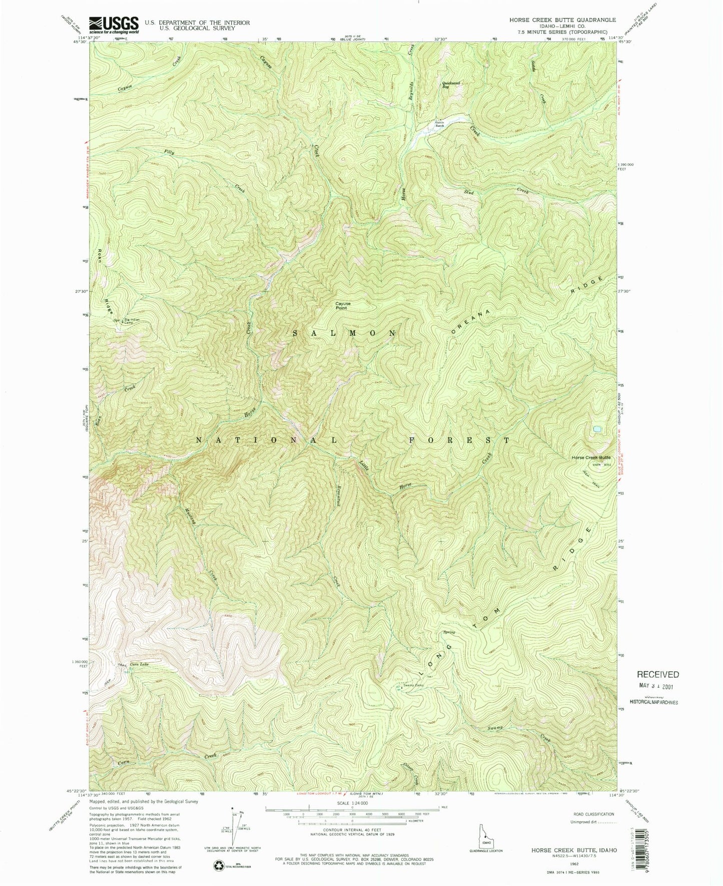 Classic USGS Horse Creek Butte Idaho 7.5'x7.5' Topo Map Image
