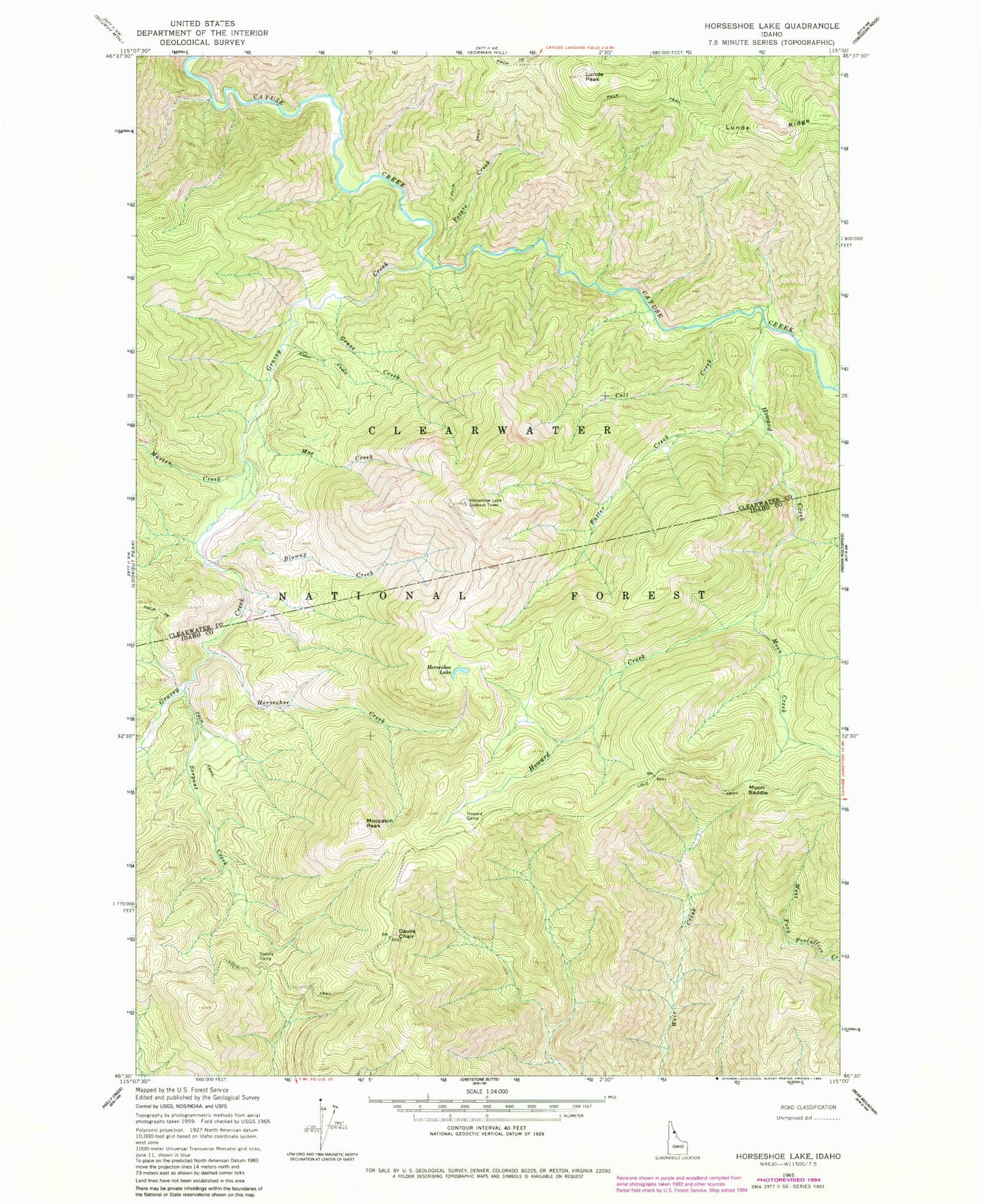 Classic USGS Horseshoe Lake Idaho 7.5'x7.5' Topo Map Image