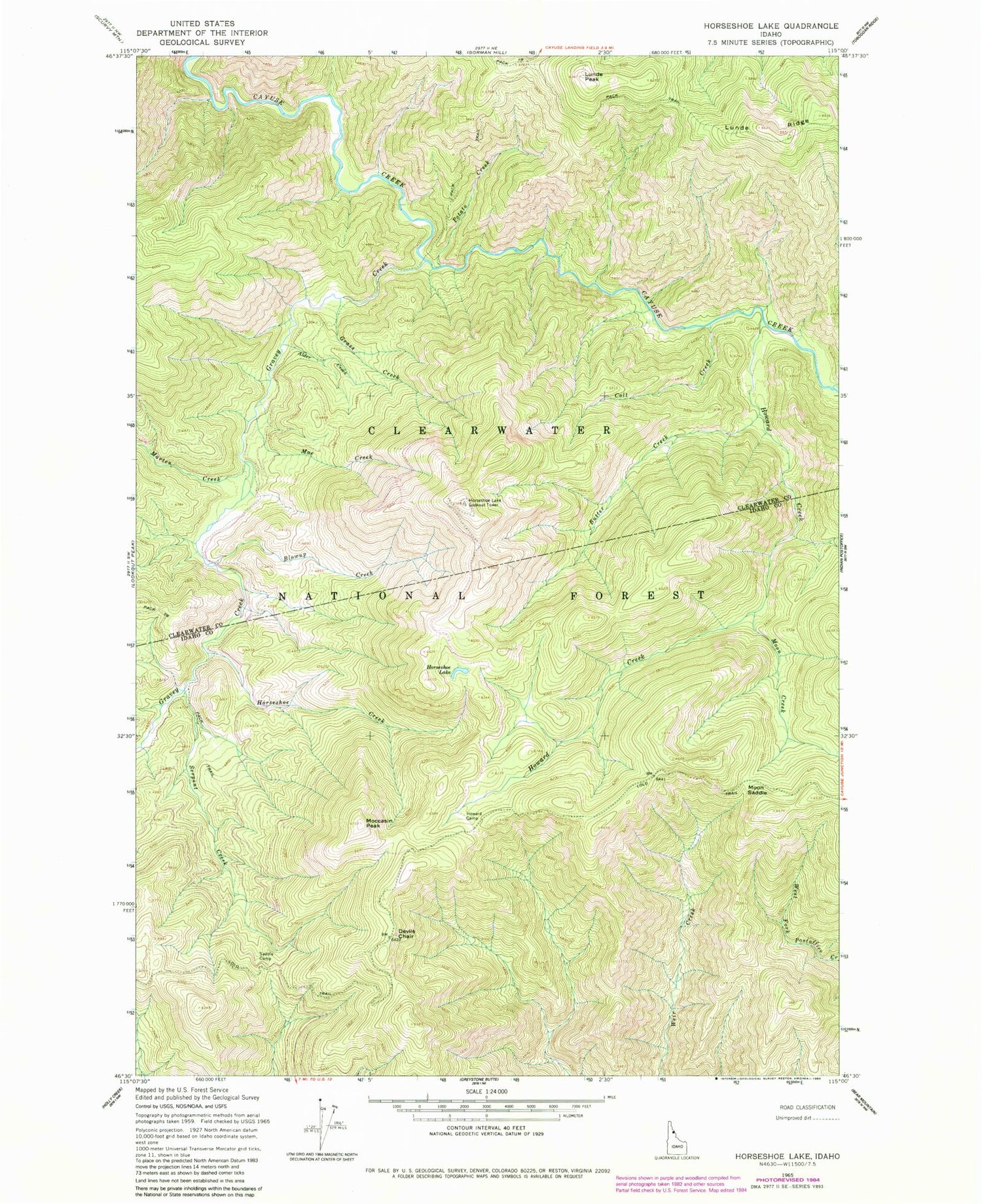 Classic USGS Horseshoe Lake Idaho 7.5'x7.5' Topo Map Image