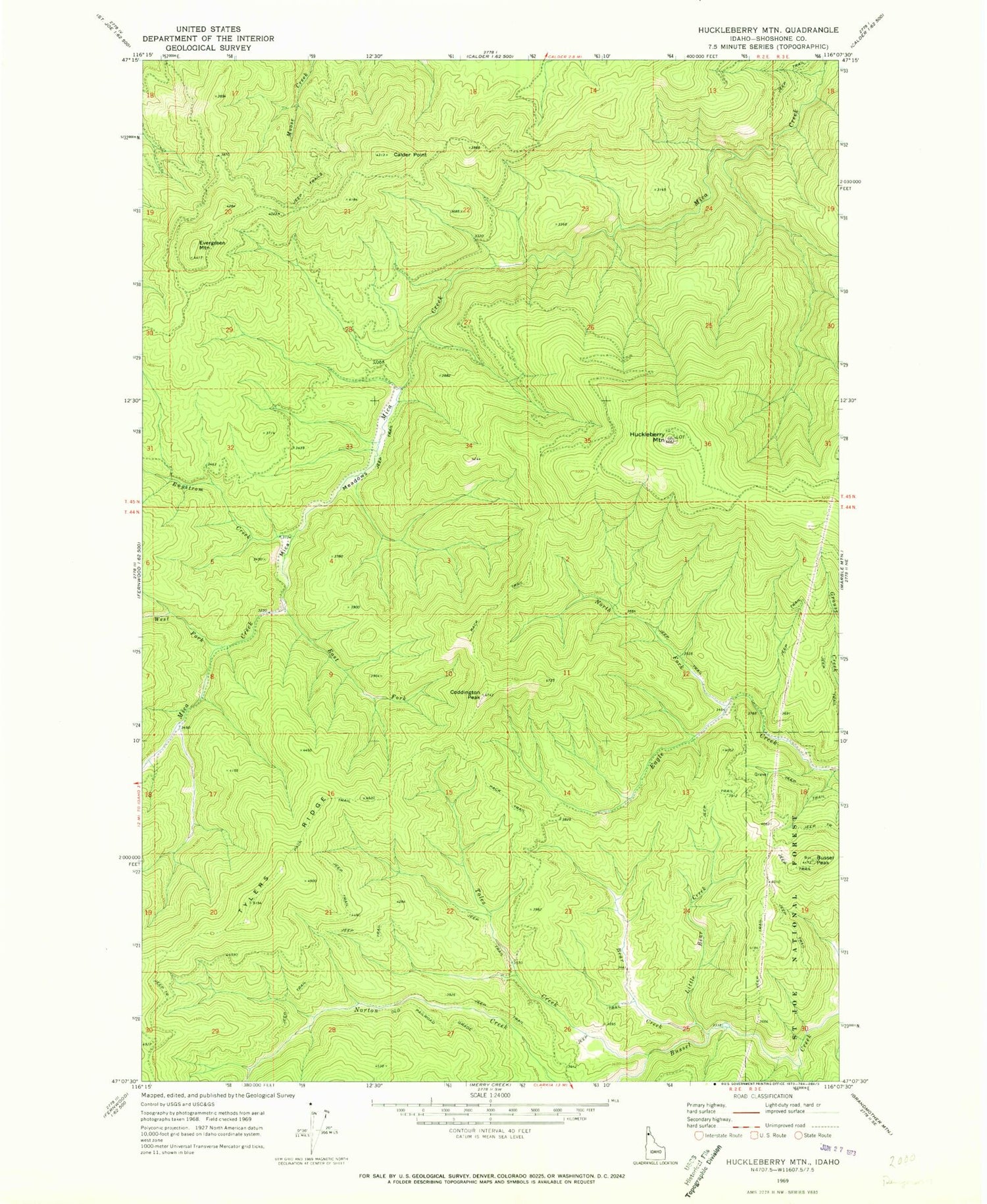 Classic USGS Huckleberry Mountain Idaho 7.5'x7.5' Topo Map Image