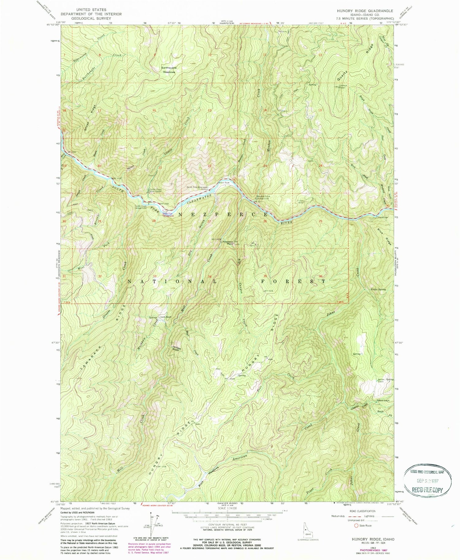 Classic USGS Hungry Ridge Idaho 7.5'x7.5' Topo Map Image