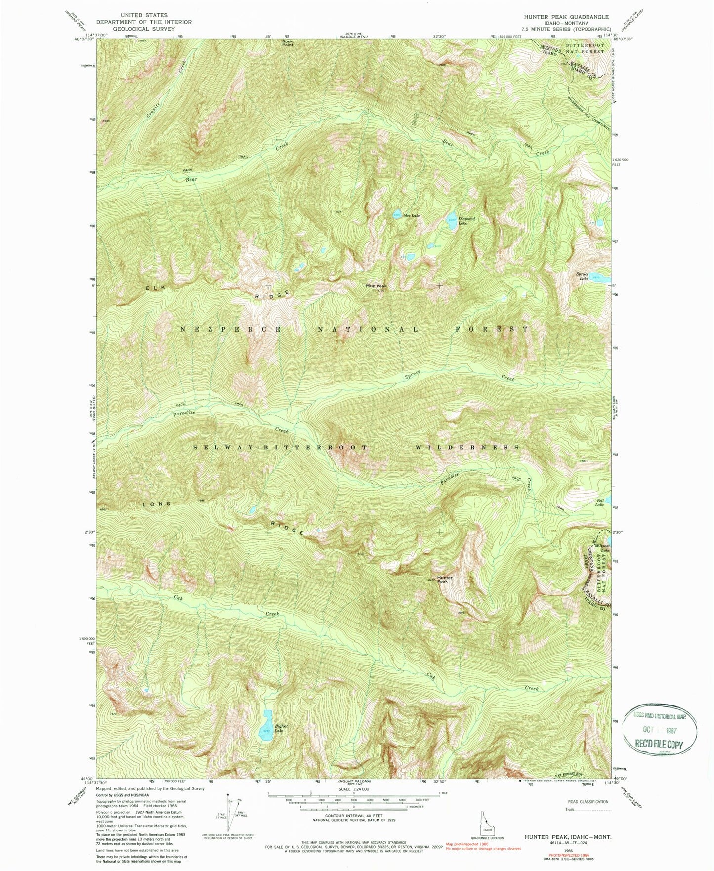 Classic USGS Hunter Peak Idaho 7.5'x7.5' Topo Map Image