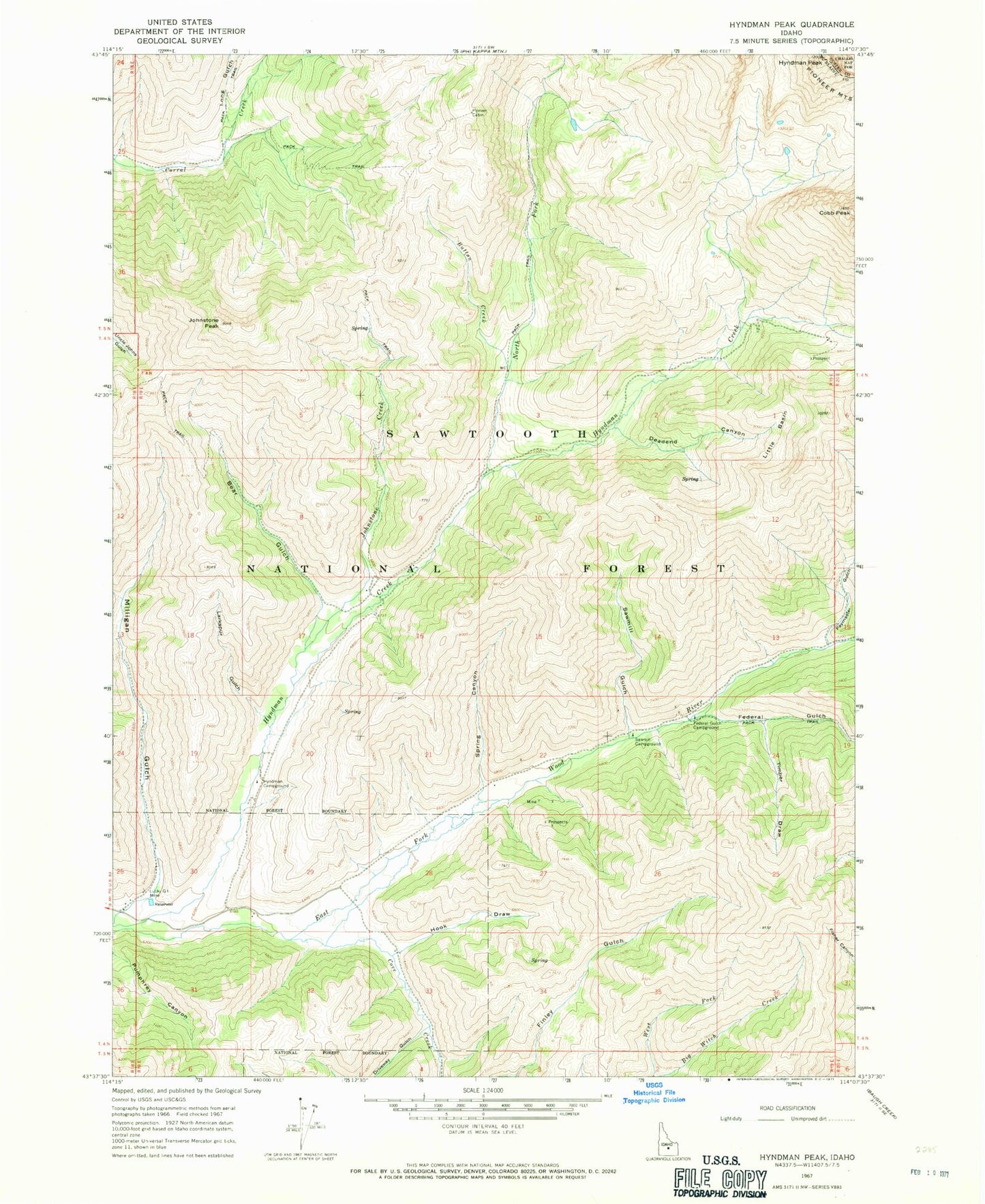 Classic USGS Hyndman Peak Idaho 7.5'x7.5' Topo Map Image