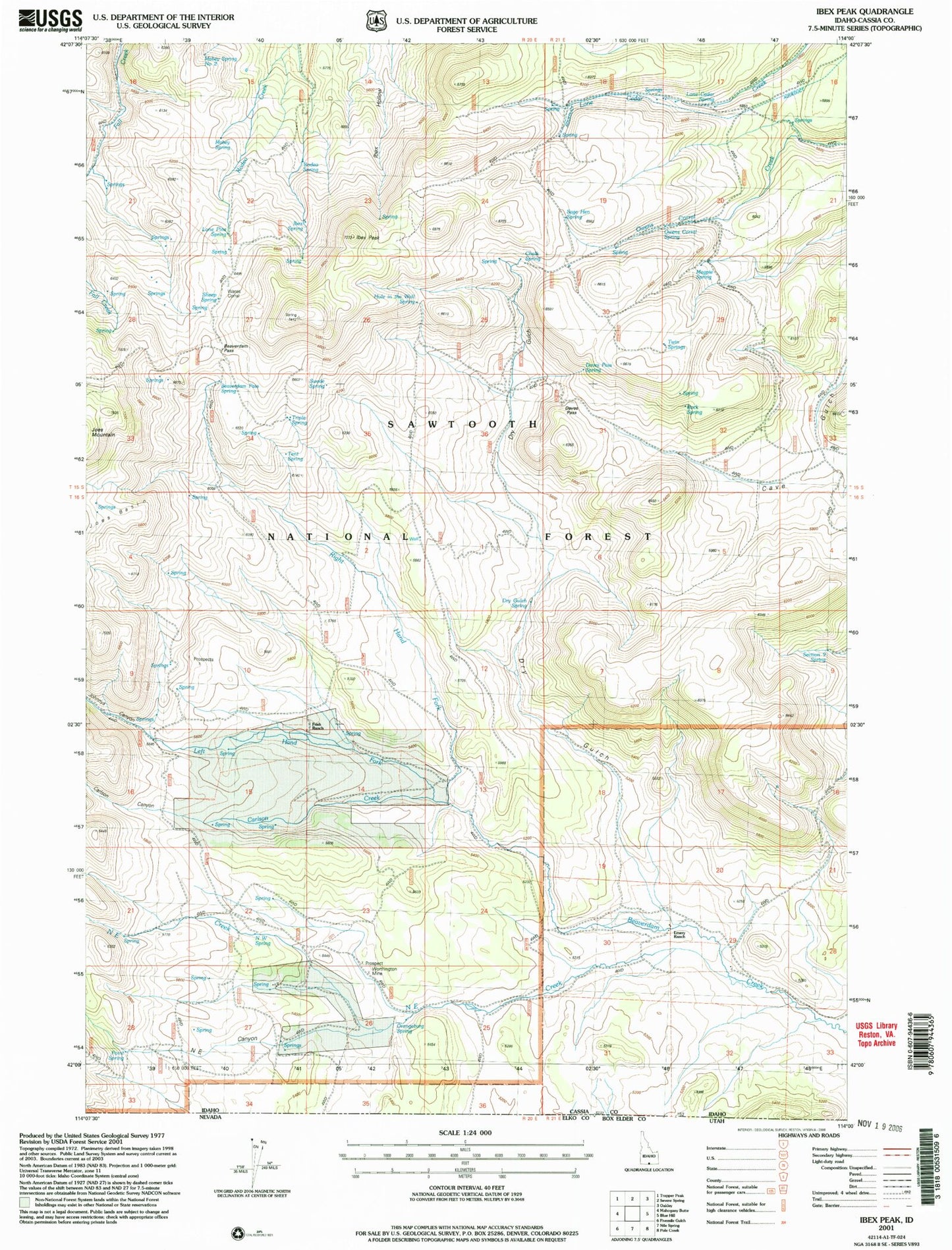 Classic USGS Ibex Peak Idaho 7.5'x7.5' Topo Map Image