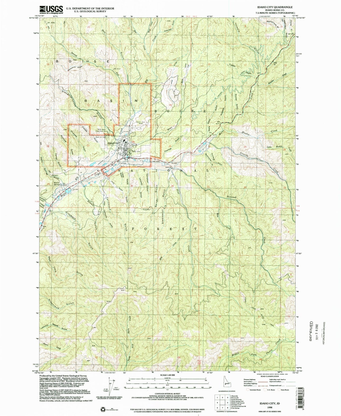 Classic USGS Idaho City Idaho 7.5'x7.5' Topo Map Image