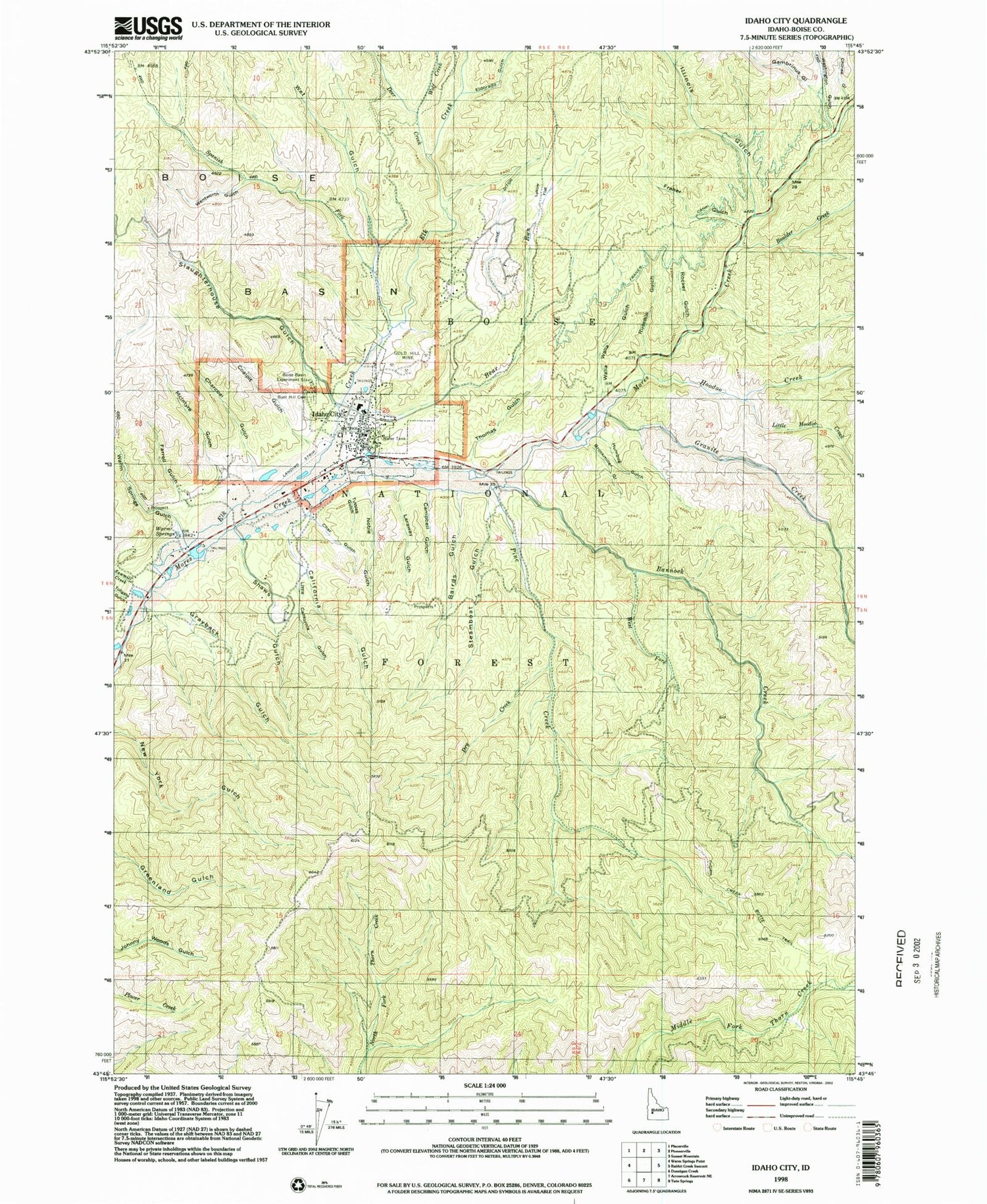 Classic USGS Idaho City Idaho 7.5'x7.5' Topo Map Image