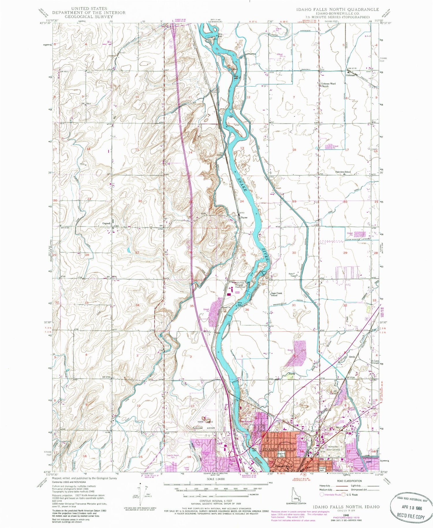 Classic USGS Idaho Falls North Idaho 7.5'x7.5' Topo Map Image