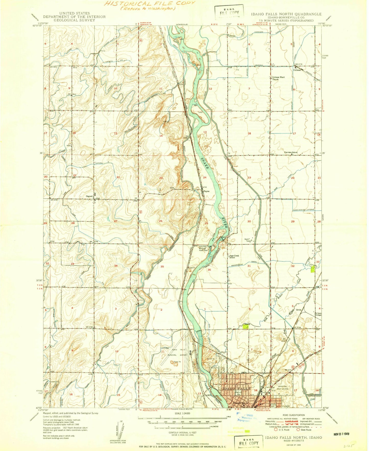 Classic USGS Idaho Falls North Idaho 7.5'x7.5' Topo Map Image