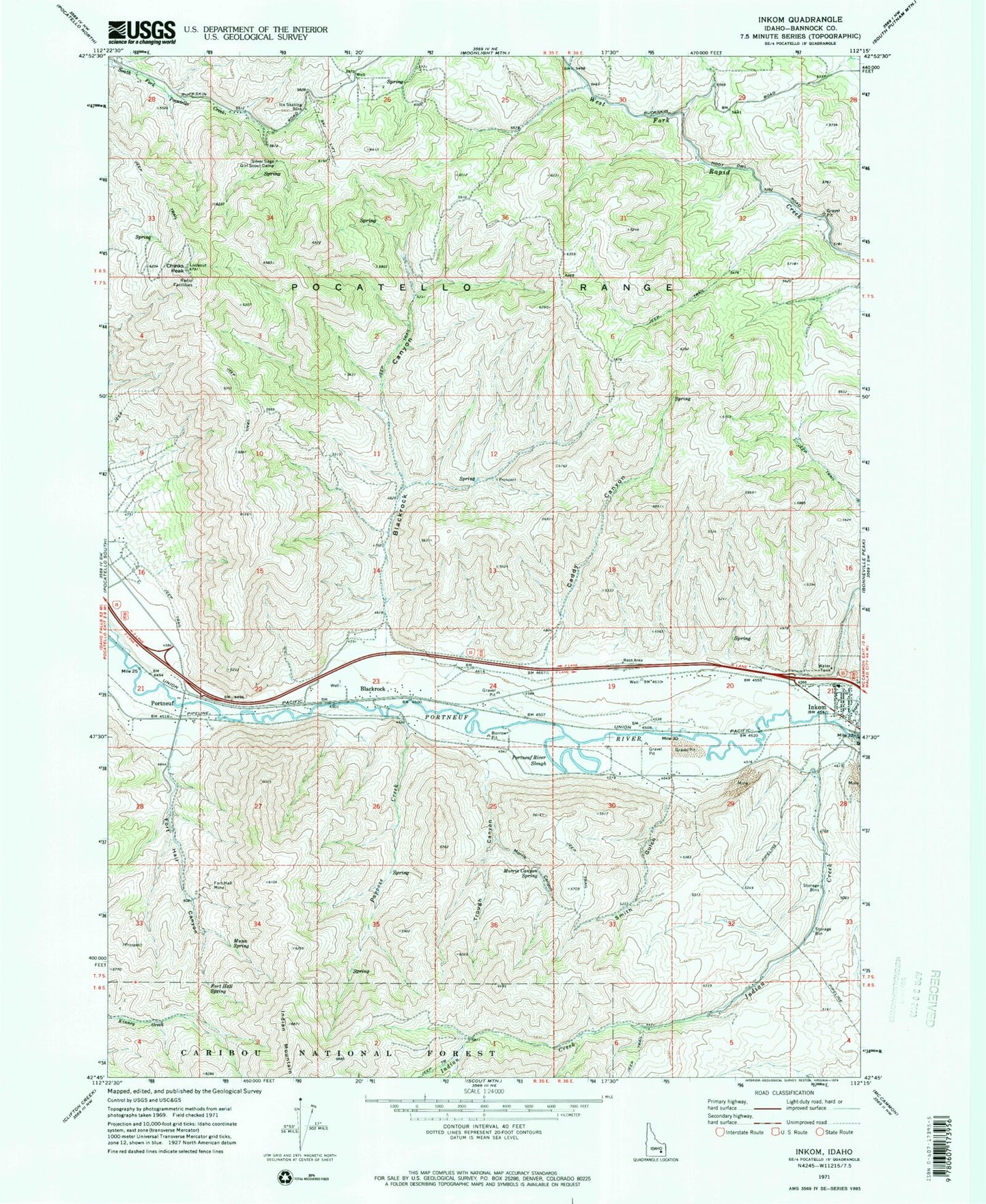 Classic USGS Inkom Idaho 7.5'x7.5' Topo Map Image