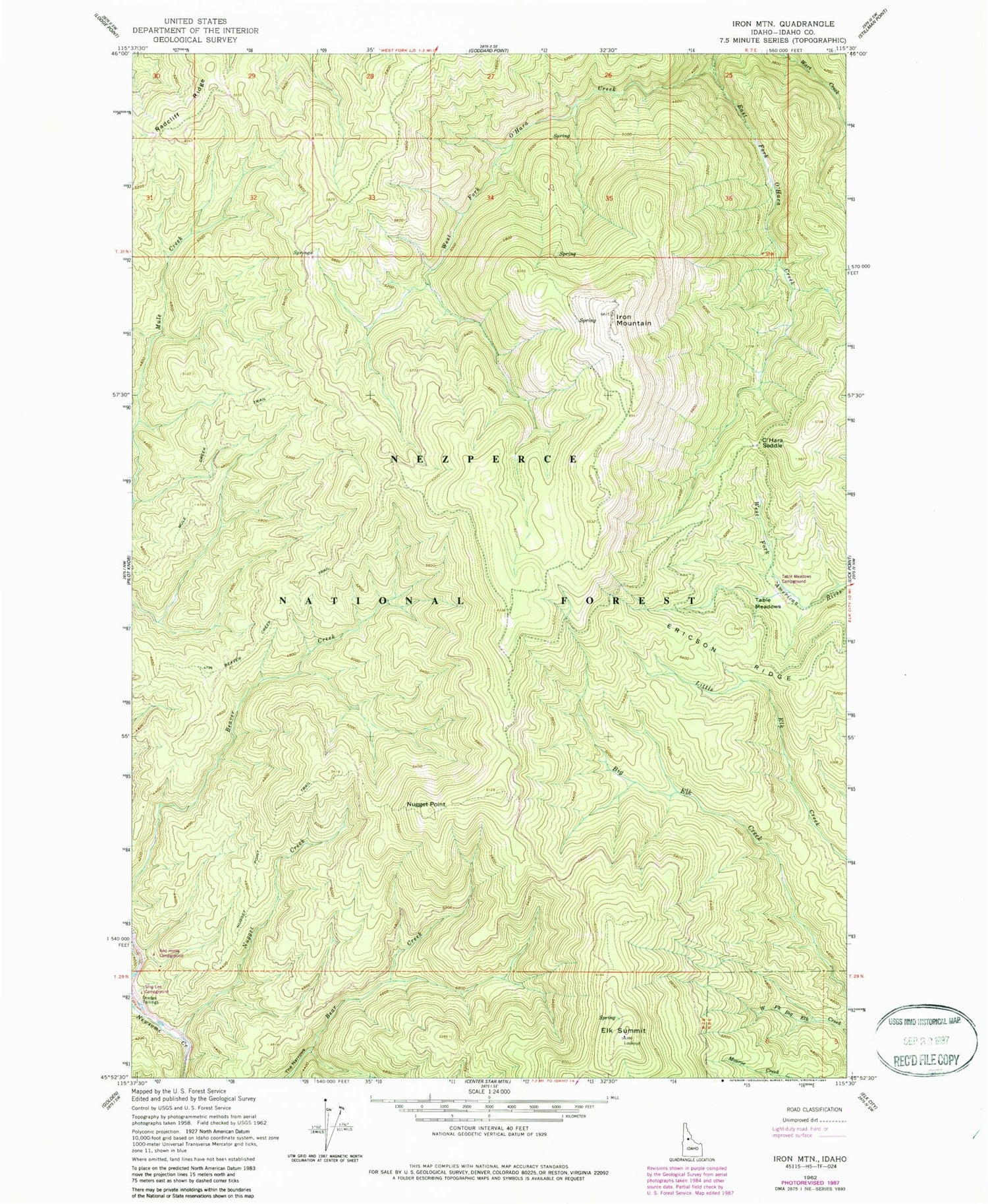 Classic USGS Iron Mountain Idaho 7.5'x7.5' Topo Map Image