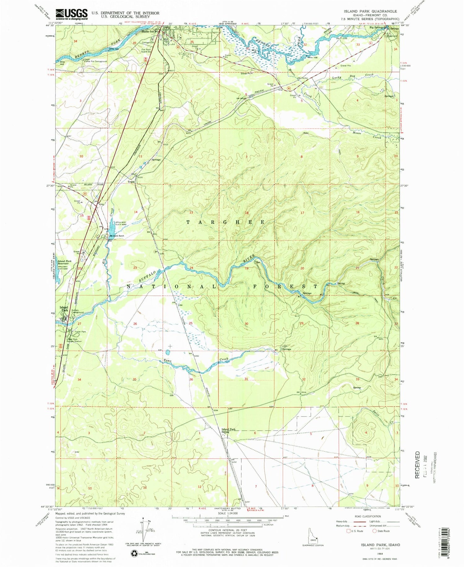 Classic USGS Island Park Idaho 7.5'x7.5' Topo Map Image